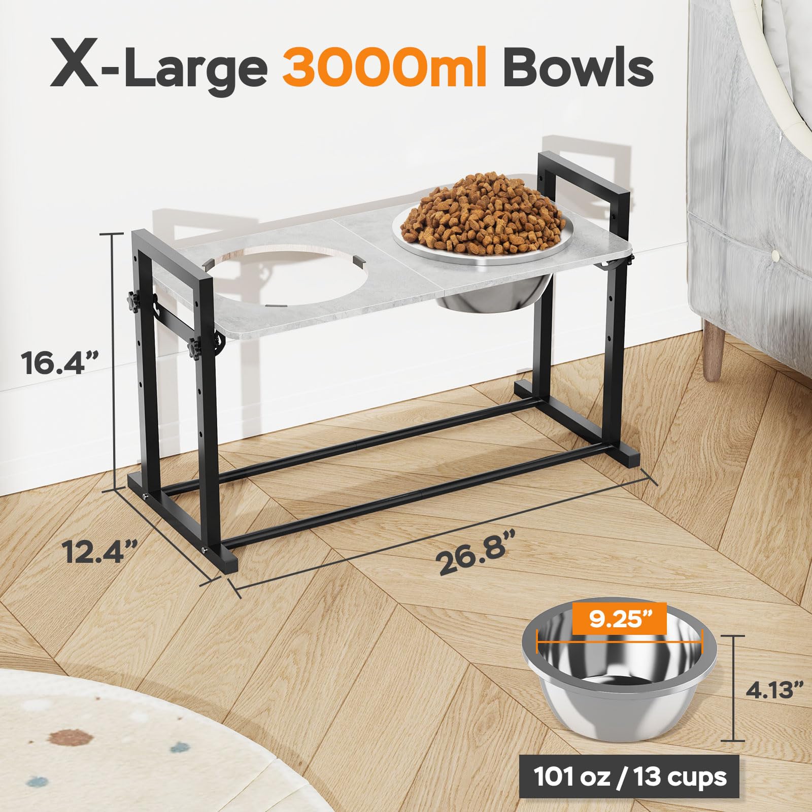 Elevated Dog Bowls For Extra Large Dogs, 4 Height Adjustable Tilted Raised Dog Bowl Stand With 2 Stainless Steel 3L Bowls, 16.1