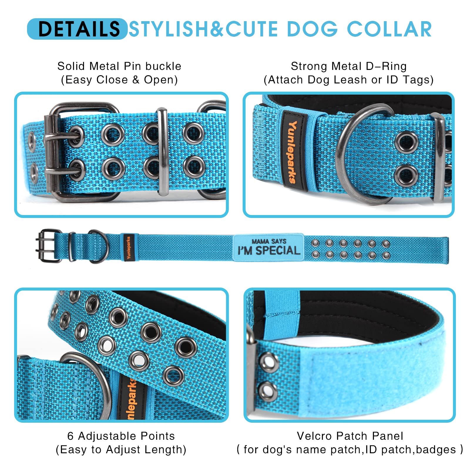 Yunleparks Tactical Collar For Medium Large Dogs, Heavy Duty Metal Buckle, Soft Neoprene Padded, Nylon Wide(X-Large, Blue)