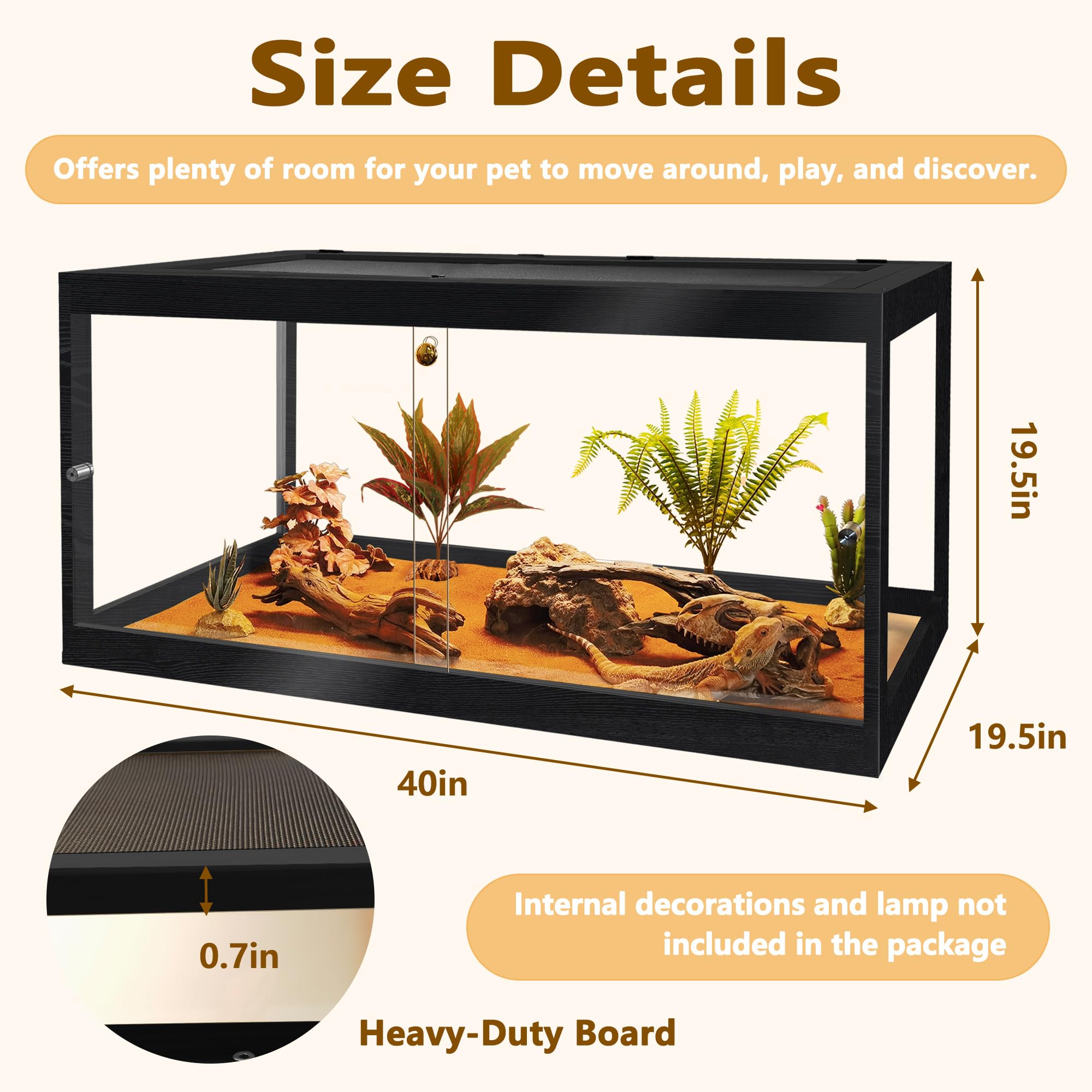 Prolee Reptile Tank 60 Gallon, Lizard Tank, Bearded Dragon Tank With Metal Mesh Roof Door, Snake Tank With Lock Design, Black, 4