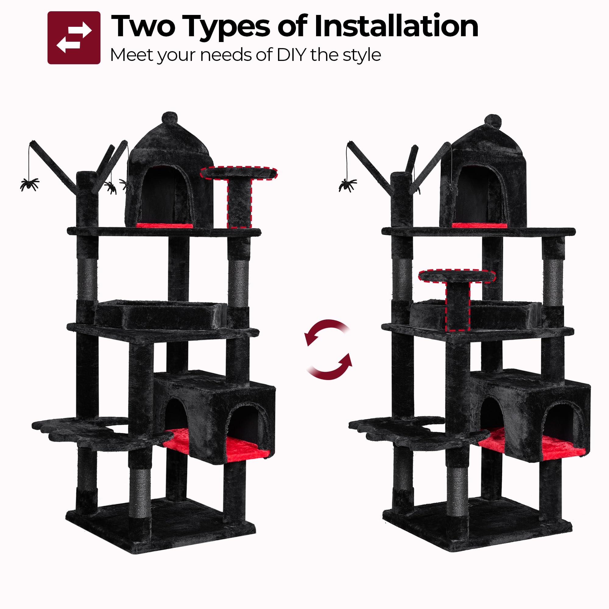 Bewishome Large Gothic Cat Tree With Coffin Bed, 63'' Multi-Level Goth Cat Tree Tower For Large Cats With Cat Condo, Scratching