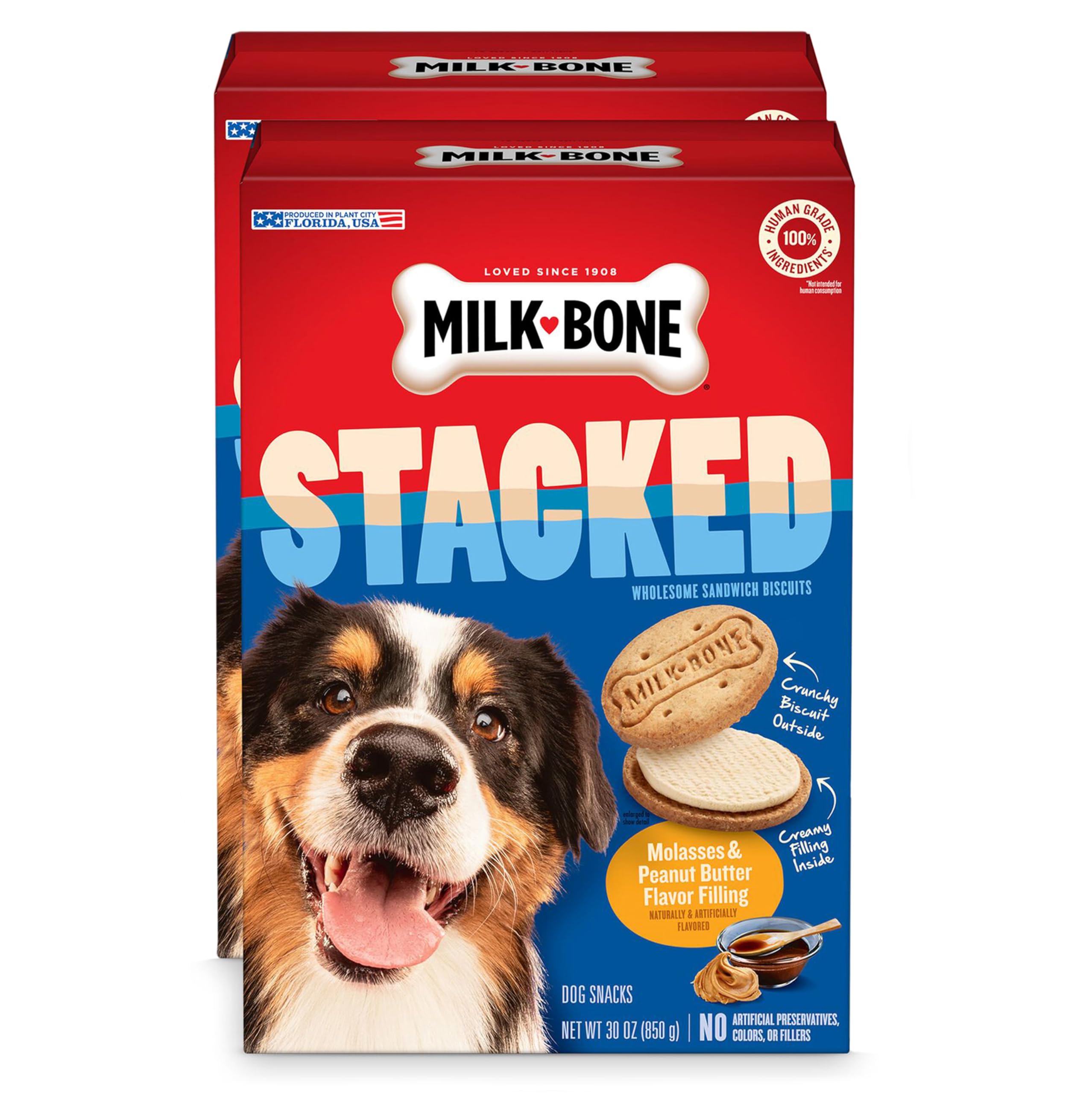 Milk-Bone Stacked Dog Treats, 30 Ounce (Pack of 2), Crunchy Biscuit with Molasses and Peanut Butter Creamy Filling