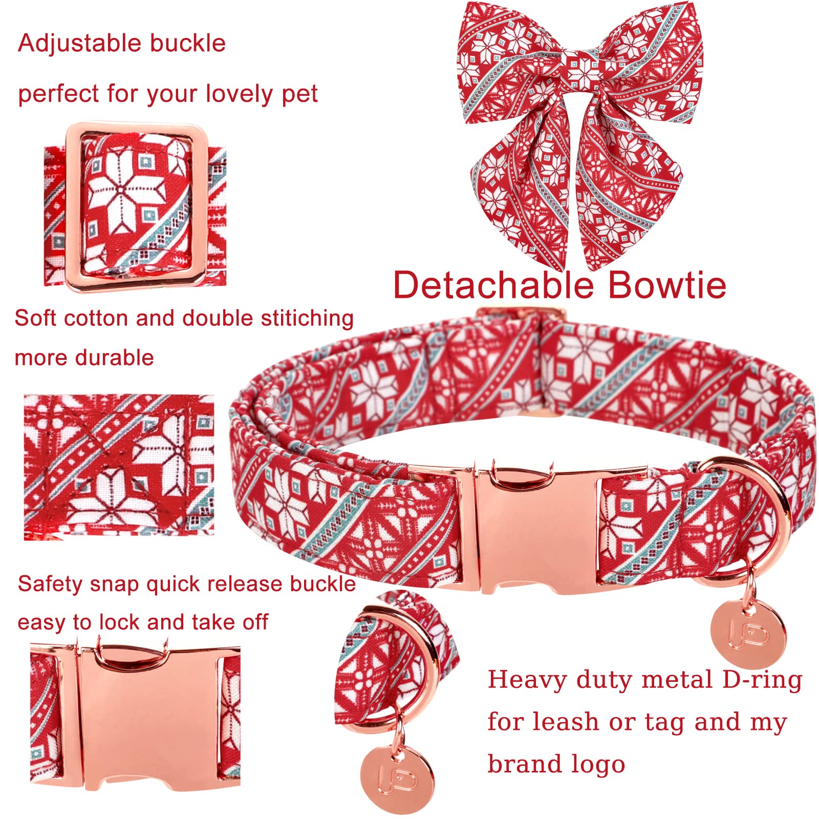Up Urara Pup Christmas Dog Collar With Bow Tie, Cotton Christmas Bowtie Collar For Medium Girl Boy Dog, Red Dog Collar Bowtie Wi
