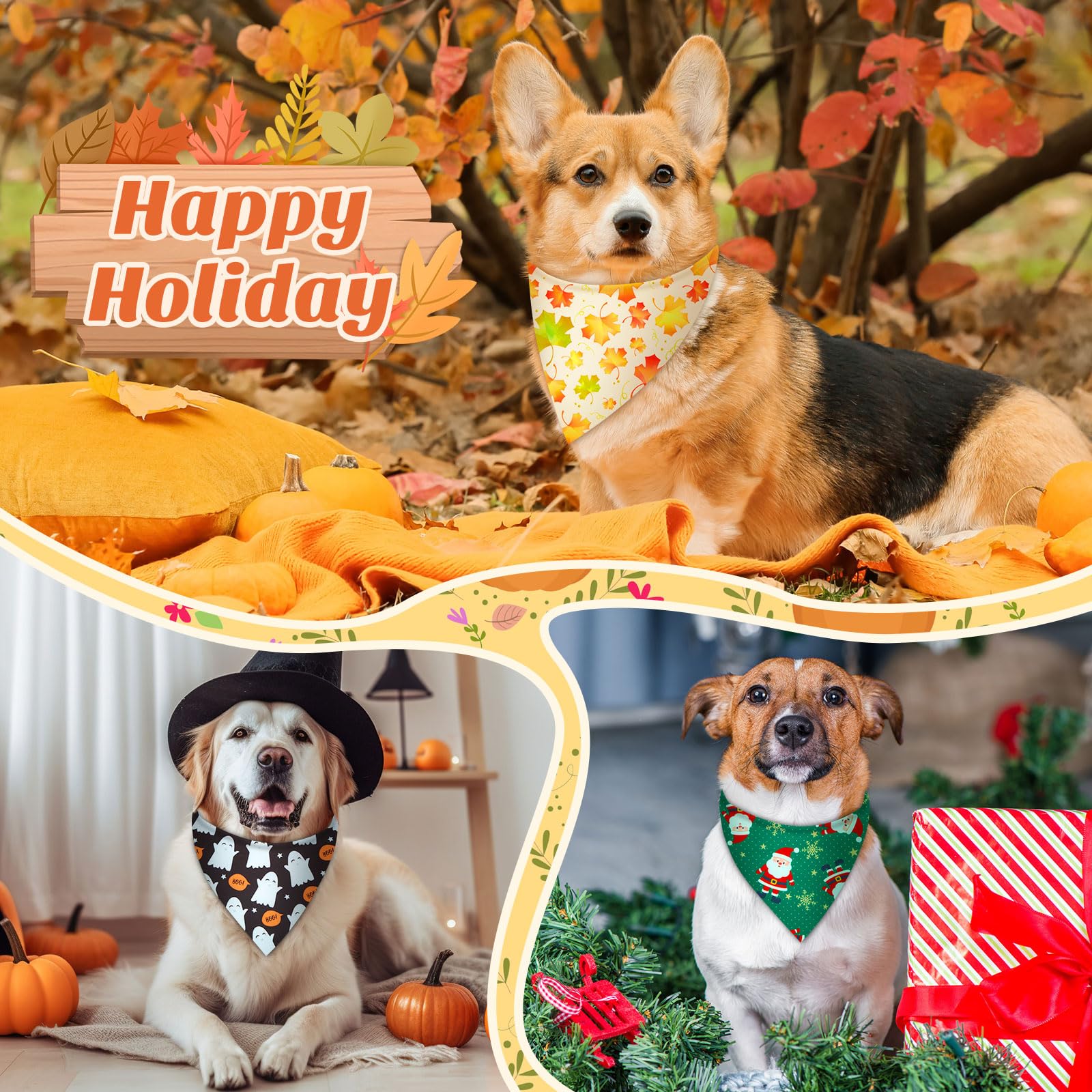 Weewooday 50 Pcs Holiday Dog Bandanas Bulk Dog Bandanas for Fall Autumn Halloween Christmas Soft Bibs Adjustable Triangle Bandan