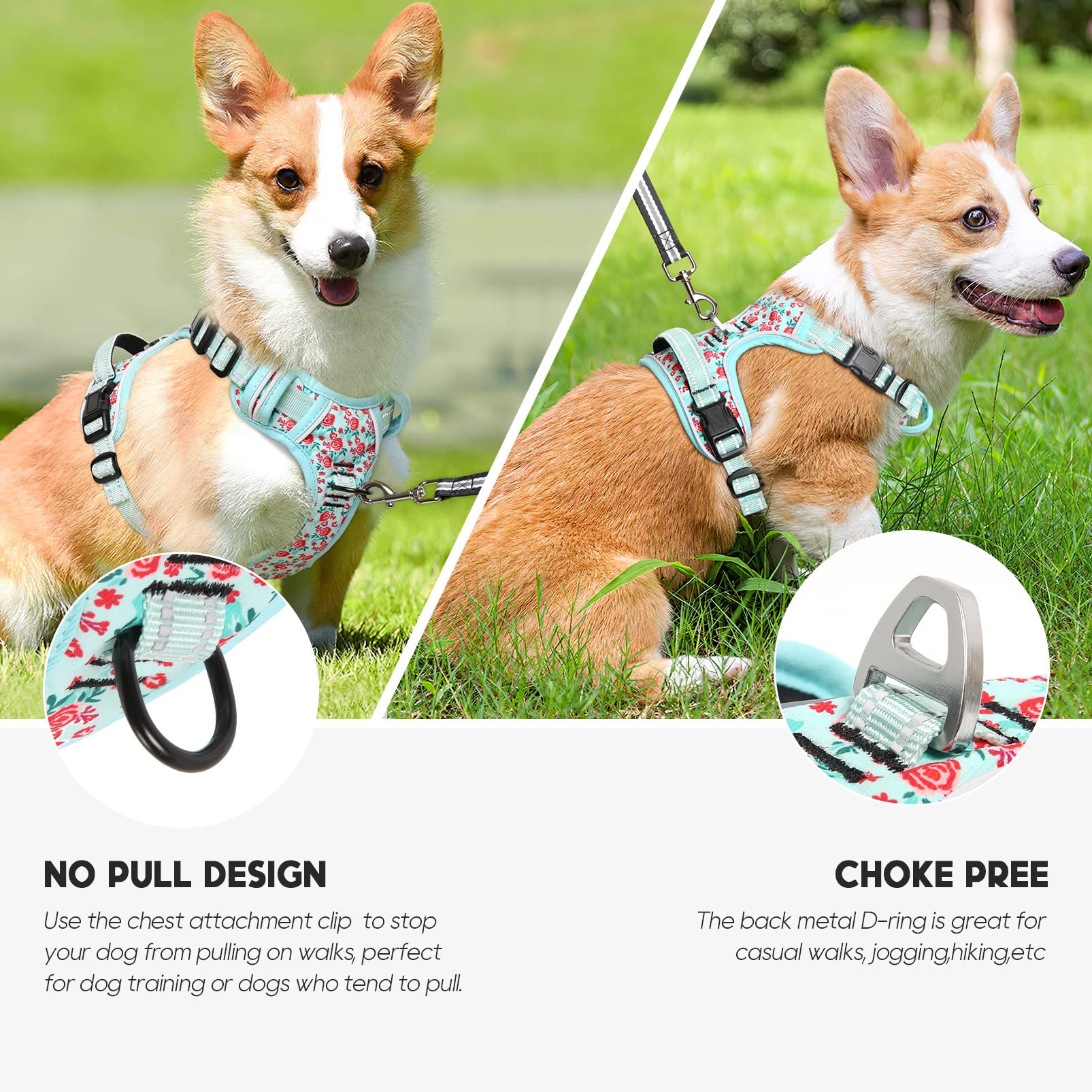 Timos No Pull Dog Harness, Release At Neck Reflective 3 Snap Buckles Adjustable No Choke Pet Vest With Front & Back 2 Leash Clip