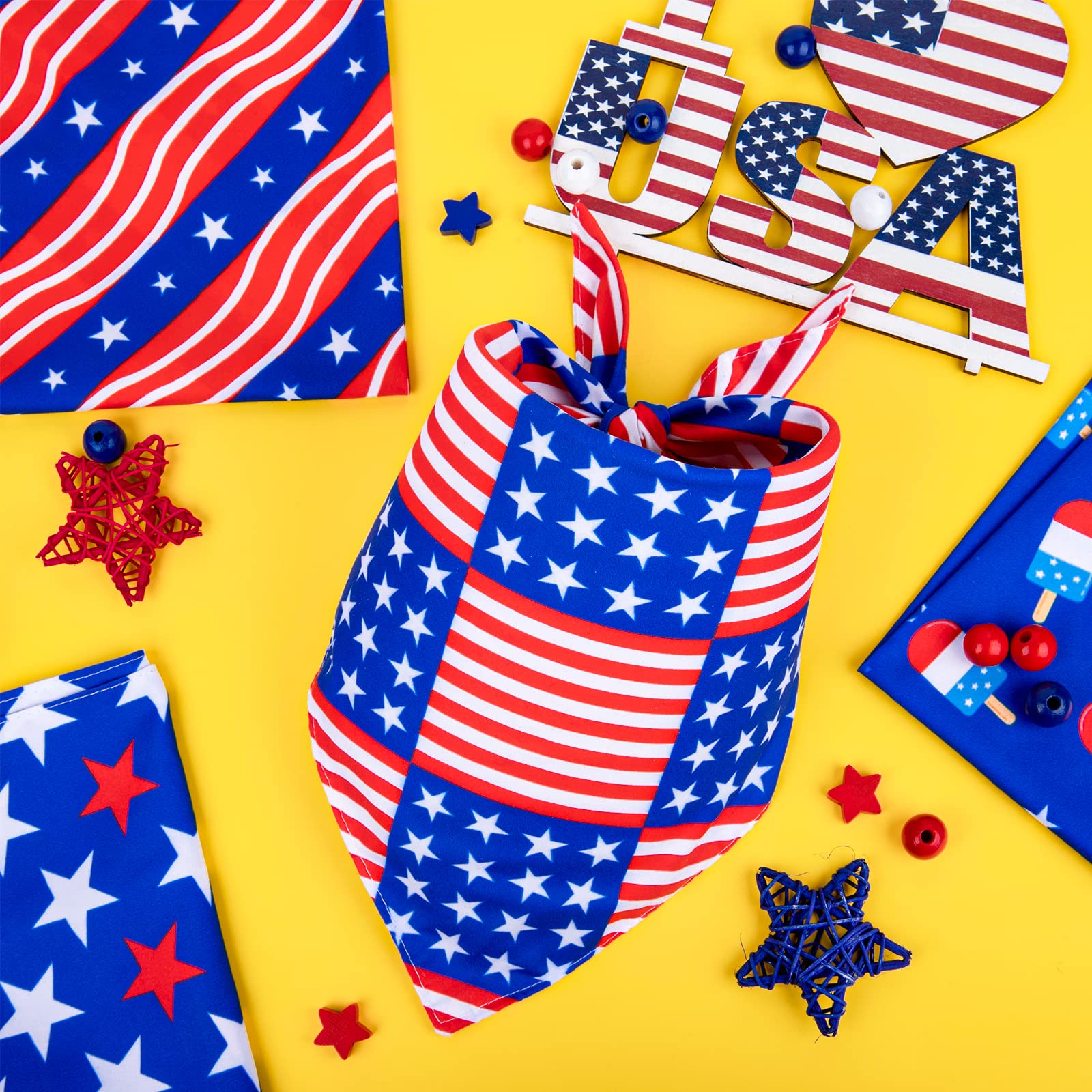 Whaline 4 Pack 4Th Of July Dog Bandanas American Flag Reversible Triangle Dog Bibs Patriotic Stars Stripes Pet Scarf Independenc