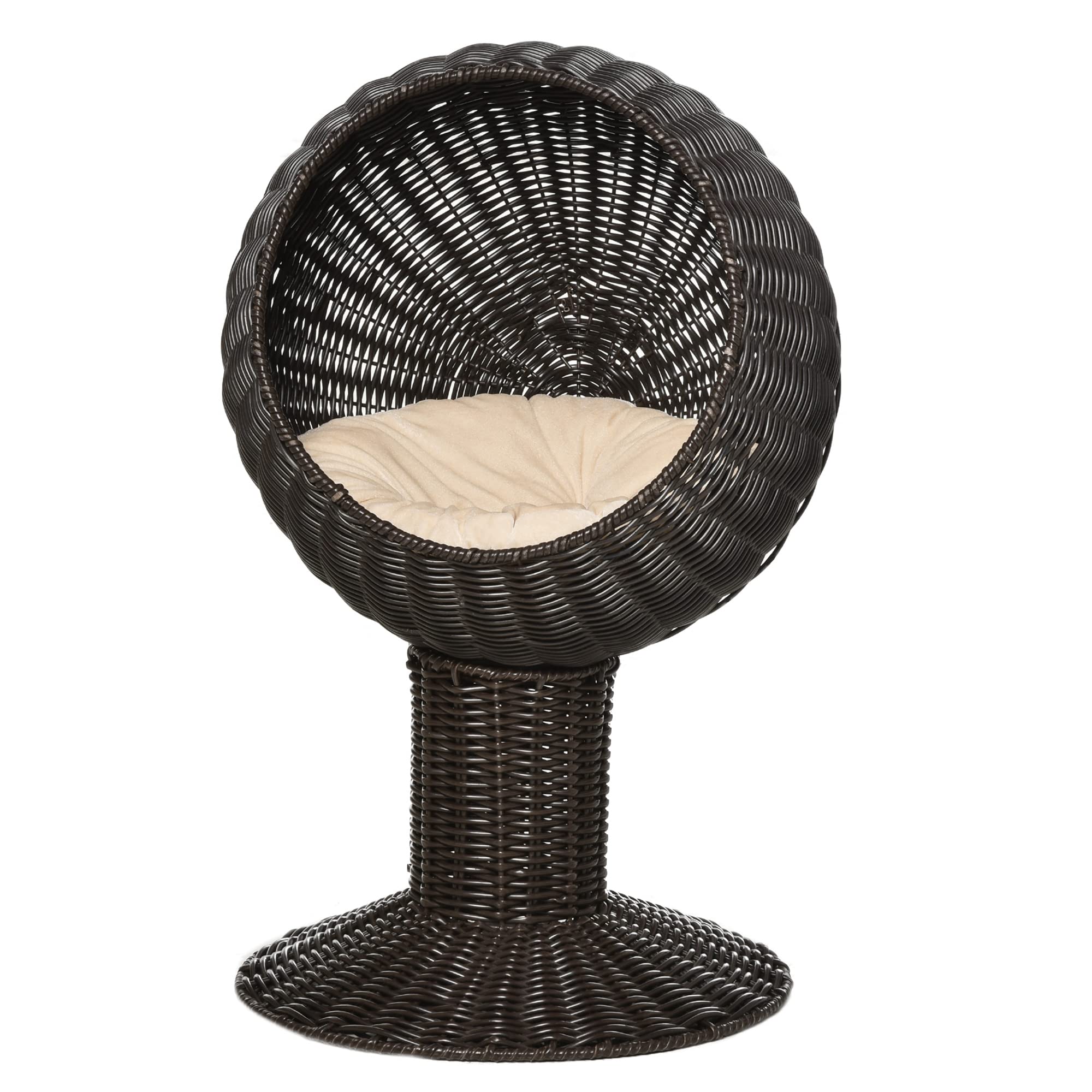 Pawhut Elevated Cat Bed With Rotatable Egg Chair Pod, Cat Basket Bed With Thick Cushion, Natural Mat Grass Woven Kitty House, Br