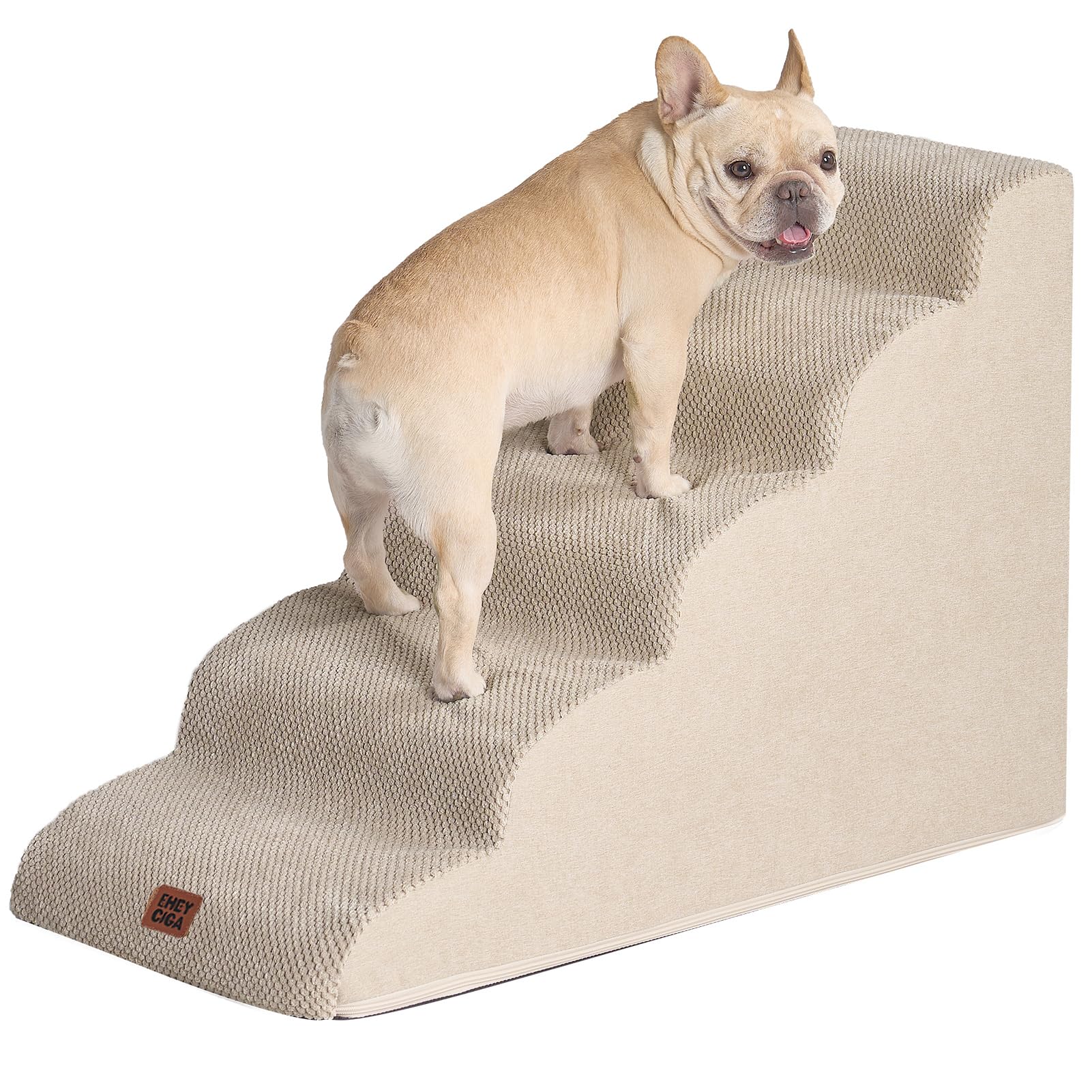 Eheyciga Curved Dog Stairs Ramp For High Beds 22.6' H, 5-Step Dog Steps For Small Dogs And Cats, Pet Stairs For High Bed Climbing, Non-Slip Balanced Pet Step Indoor, Beige