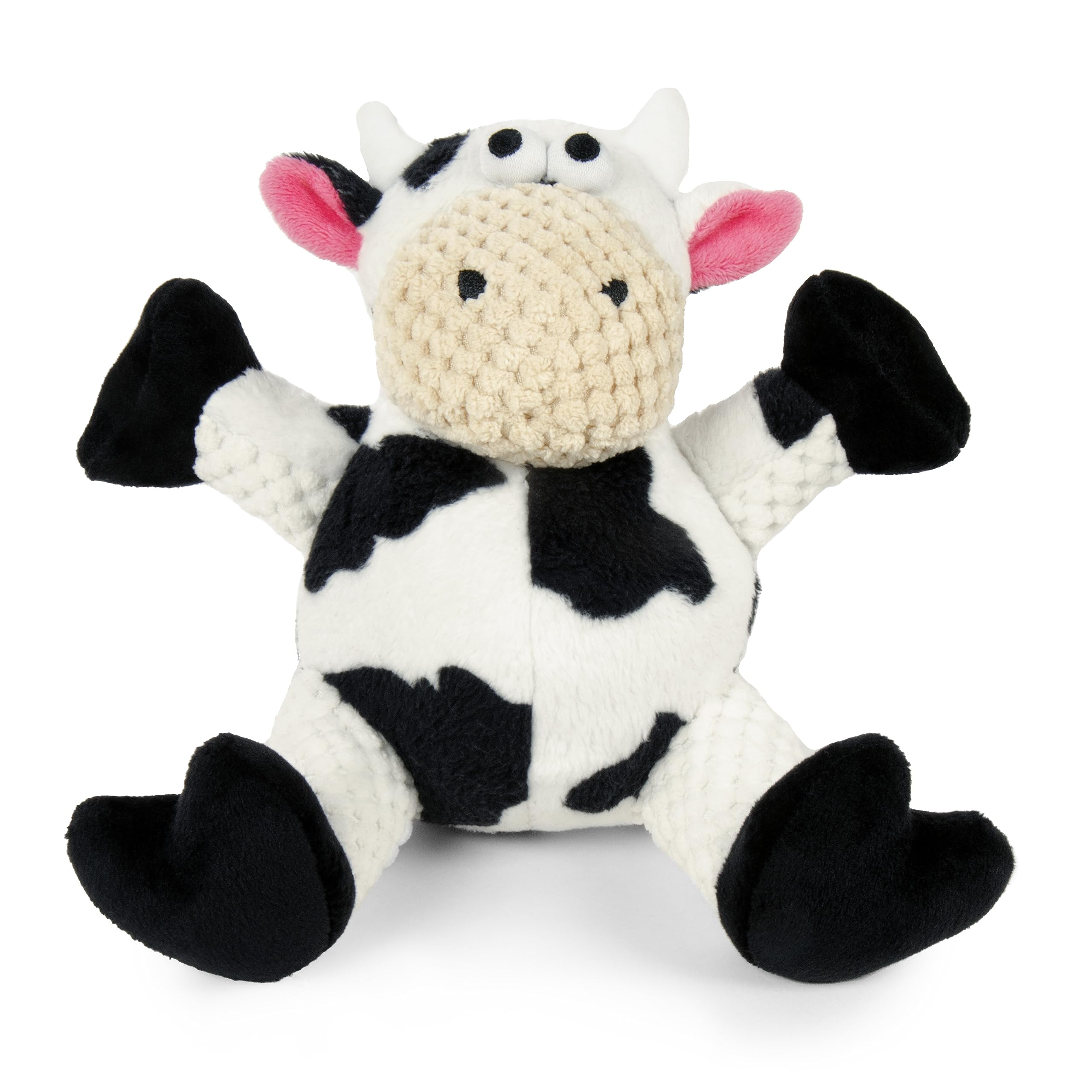 Godog Checkers Sitting Cow Squeaky Plush Dog Toy, Chew Guard Technology - White, Small