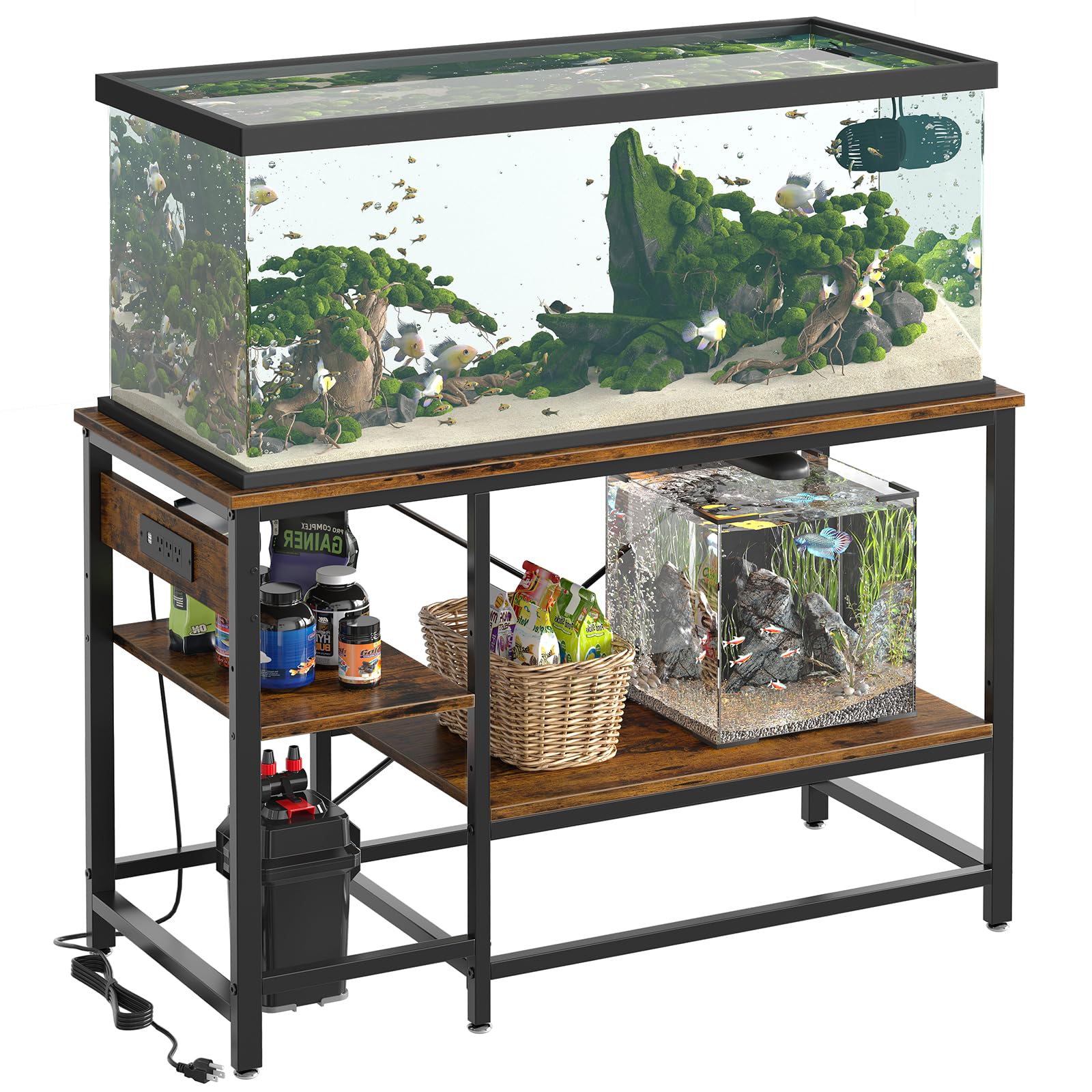 Bestier 55 Gallon Fish Tank Stand with Power Outlet, 49x13 Metal Aquarium Stand, 6-Leg Long Reptile Tank Stand with 3-Tier Adjus