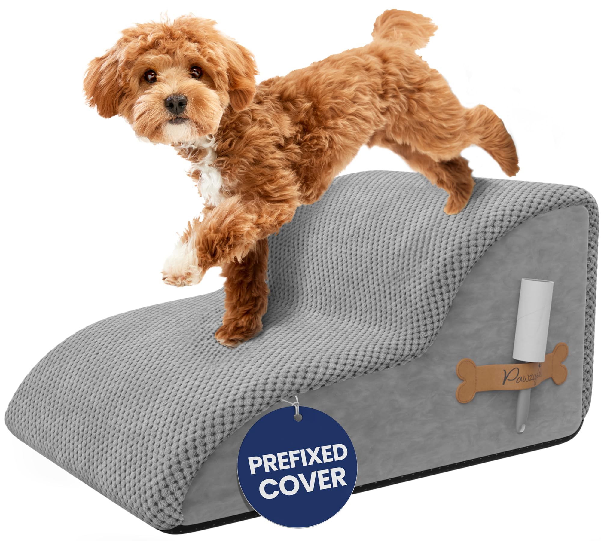 Pawzy Foam Pet Stairs For Bed, Couch Or Window Prefixed Cover - Wide Dog Steps For Bed, Waterproof, Non-Slip Base - Tier Dog Ram
