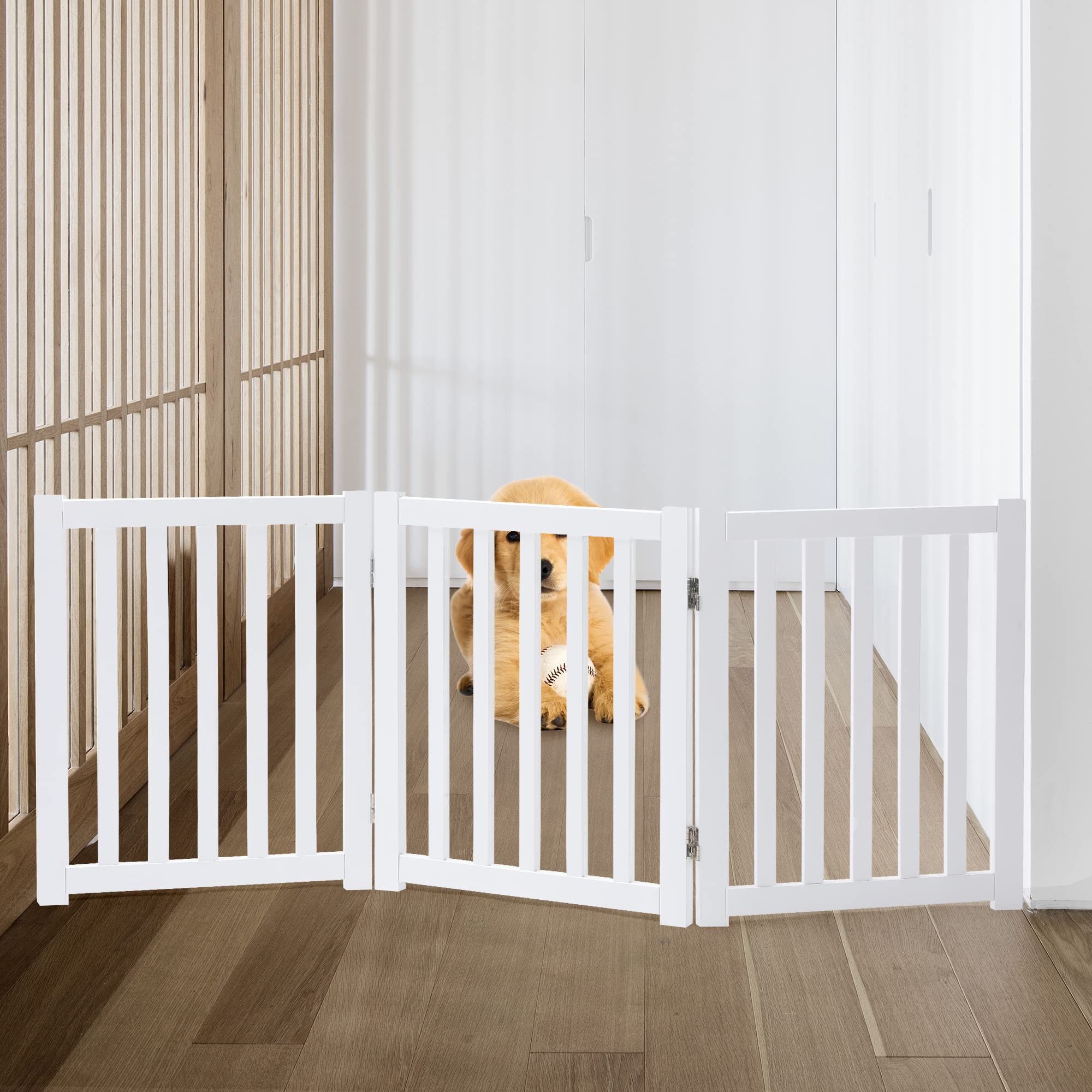 Lzrs Solid Hardwood Freestanding Pet Gate,Wooden Dog Gates For Doorways,Nature Wood Dog Gates For The House,Dog Gate For Stairs,Freestanding Indoor Gate Safety Fence,White,24' Height-3 Panels