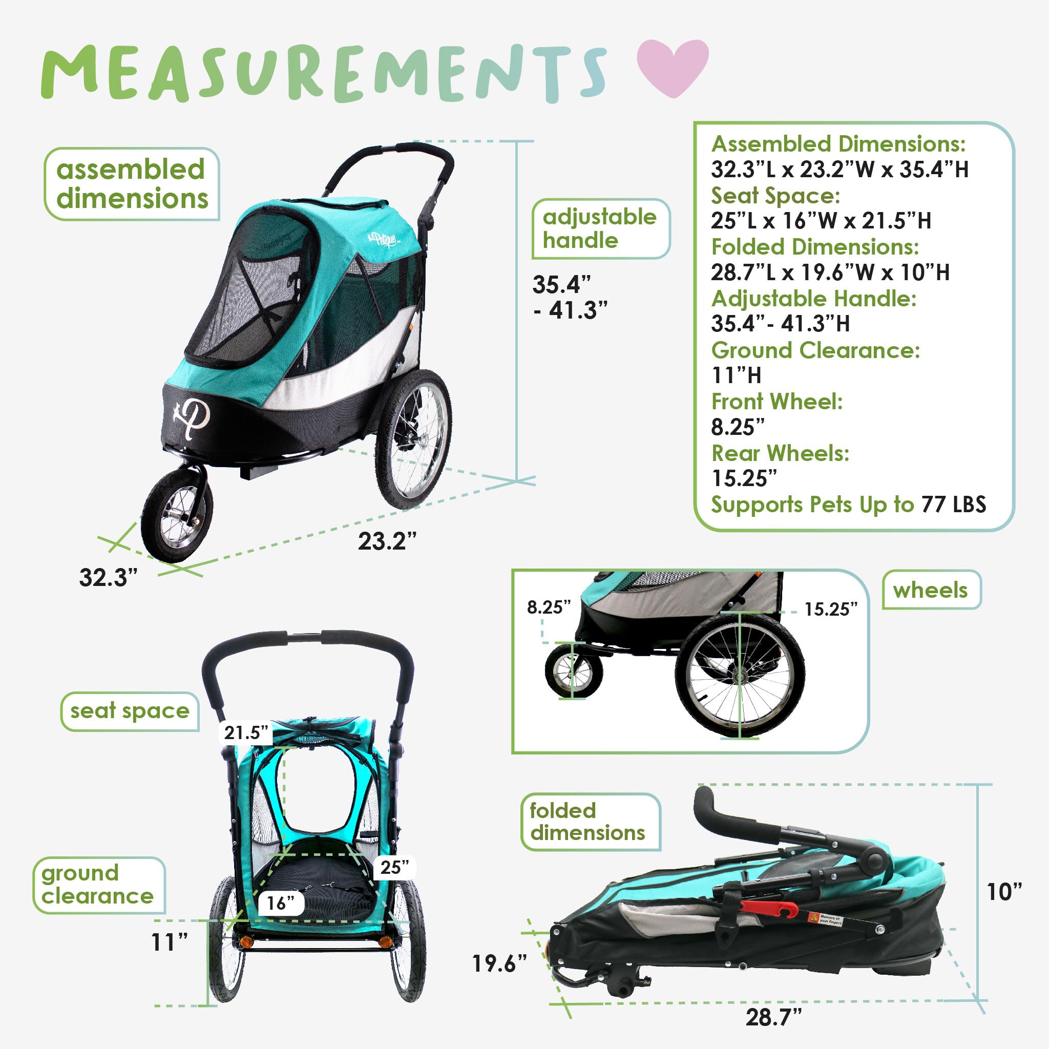 Petique Trailblazer Jogger, Dog Cart For Medium Size Pets, Ventilated Pet Stroller For Cats & Dogs, Turquoise