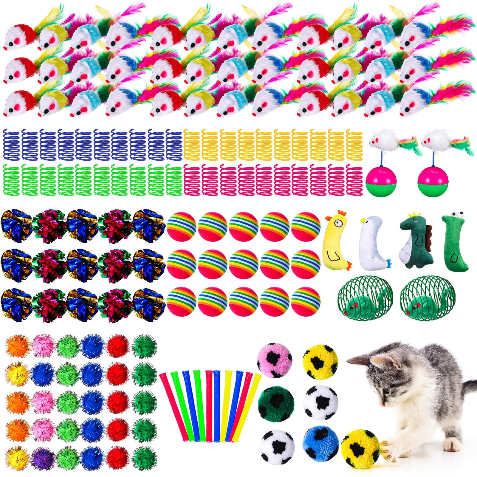 Shappy 150 Pcs Cat Toys Bulk Kitten Toys Pack Variety Funny Interactive Gift Including Mice Rainbow Balls Spring Crinkle Balls F