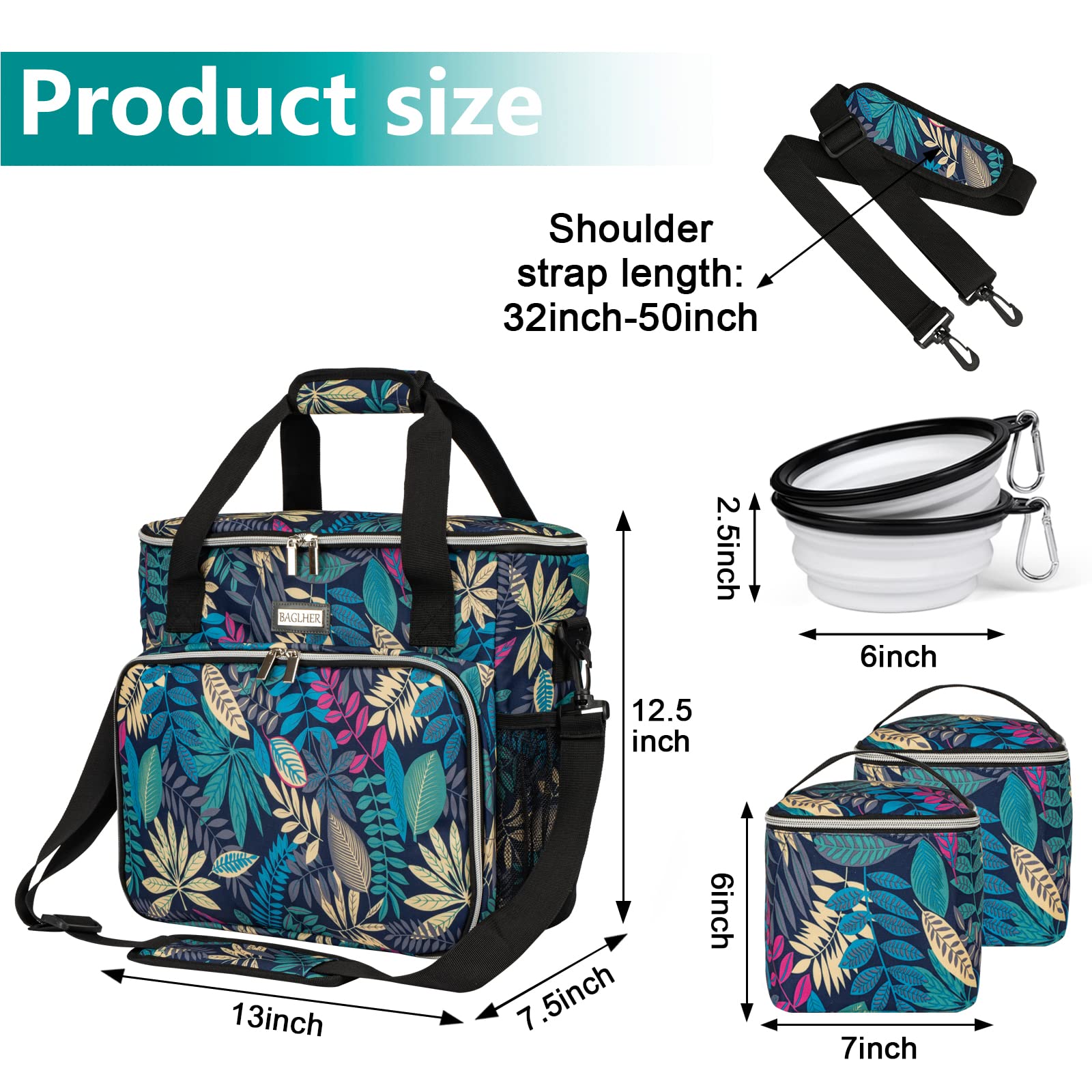 BAGLHER Dog Travel Bag - Medium Pet Travel Kit with 2 Food Containers & 3 Silicone Bowls - Hawaii Color