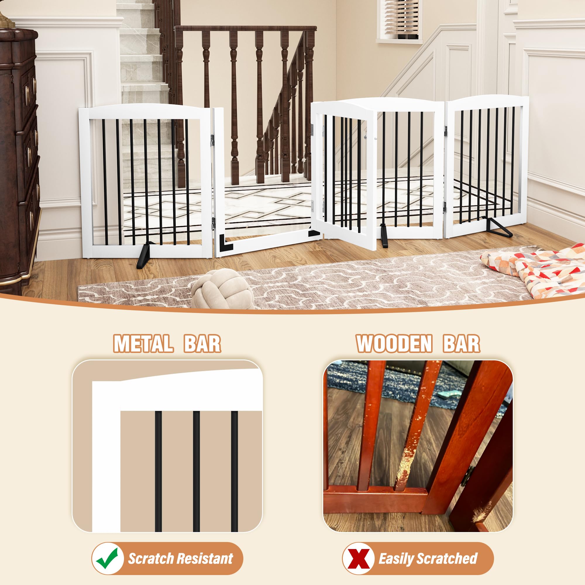 PUPETPO Freestanding Dog Gate with Door, Pet Gate for Stairs, 80 inch Wide Pet Barrier Indoor, Dog Fences Indoor, Support Feet I