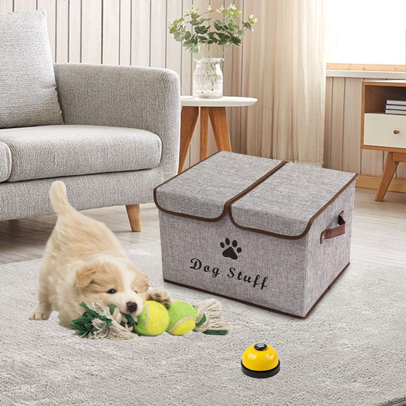 Geyecete Large Storage Boxes - Large Linen Fabric Foldable Storage Cubes Bin Box Containers with Lid and Handles for Dog Apparel
