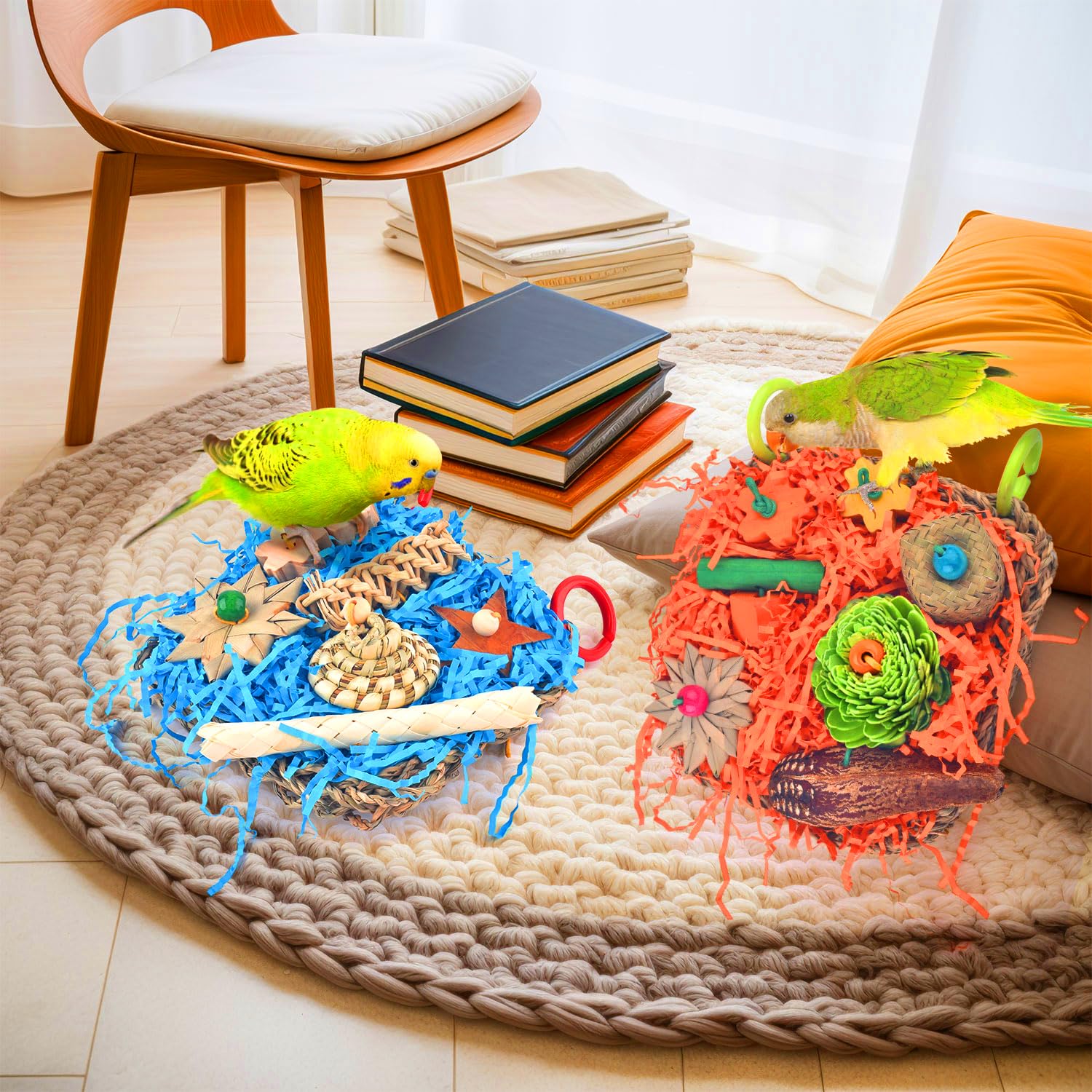 KATUMO Bird Toys, 2 Pack Bird Grass Mat Foraging Wall Toys Parrot Shredder Toys for Parakeet, Cockatiel, Conure, Lovebird, Budgi