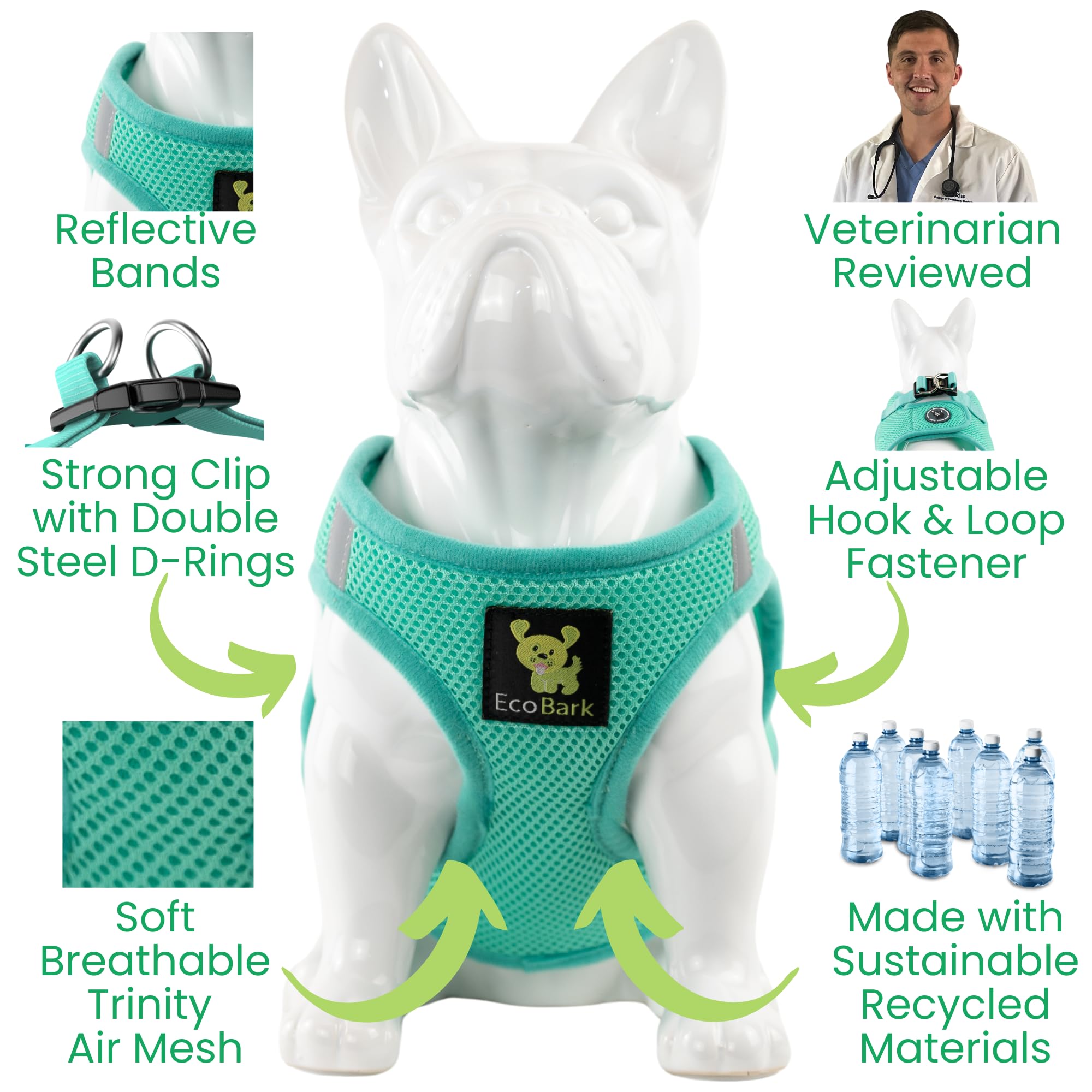 Ecobark Step In Dog Harness - Reflective Soft Luxurious Mesh Dog Harnesses For Xxs, Xs, Small, And Medium Dogs - Eco-Friendly Comfort Secure Halter No Pull Adjustable Pet Vest (Mint, Small)