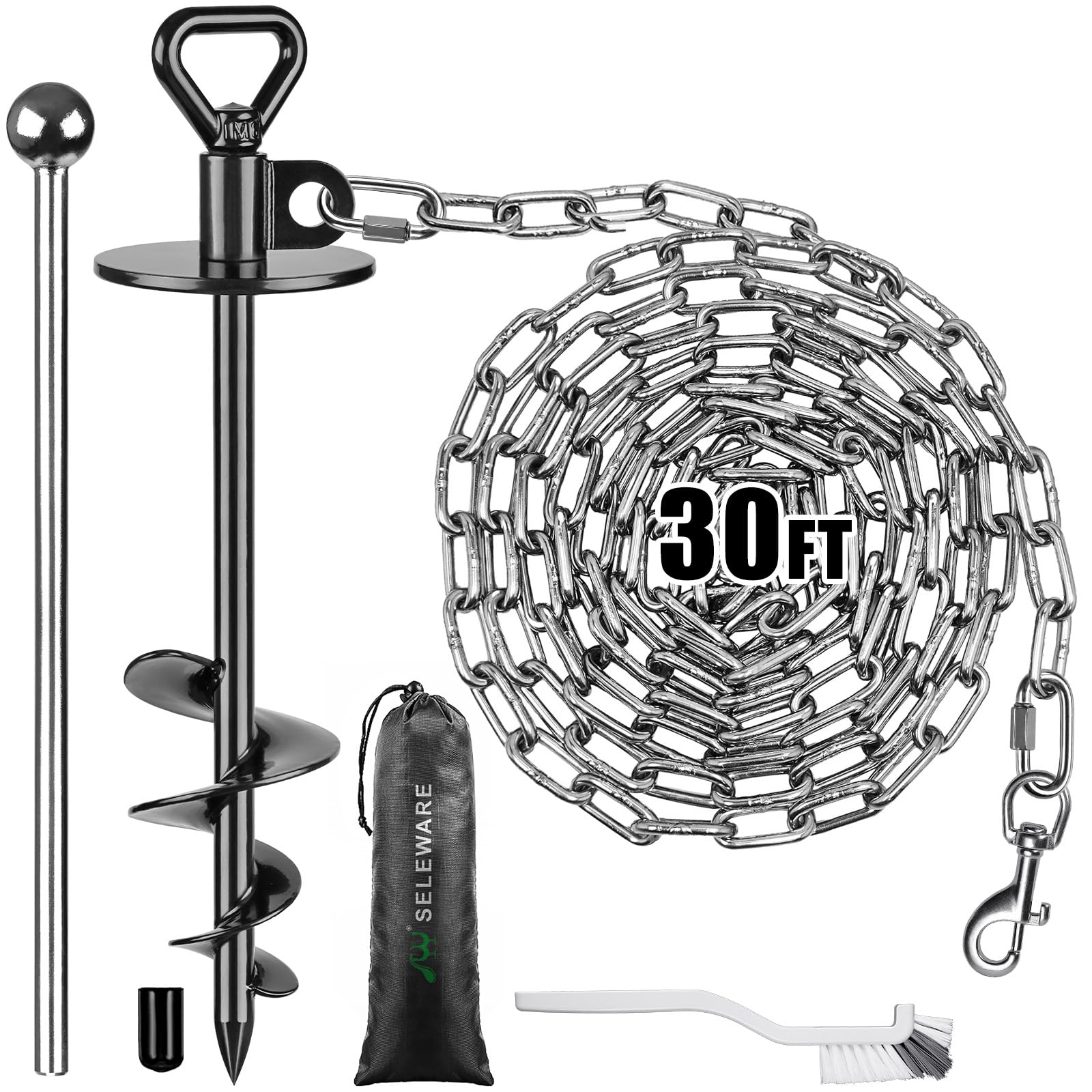 Seleware Dog Tie Out Stake Outdoor Anti-Rust Dog Anchor With Stainless Steel Dog Chains For Large Dogs Up To 100 Lbs, Free Rotat