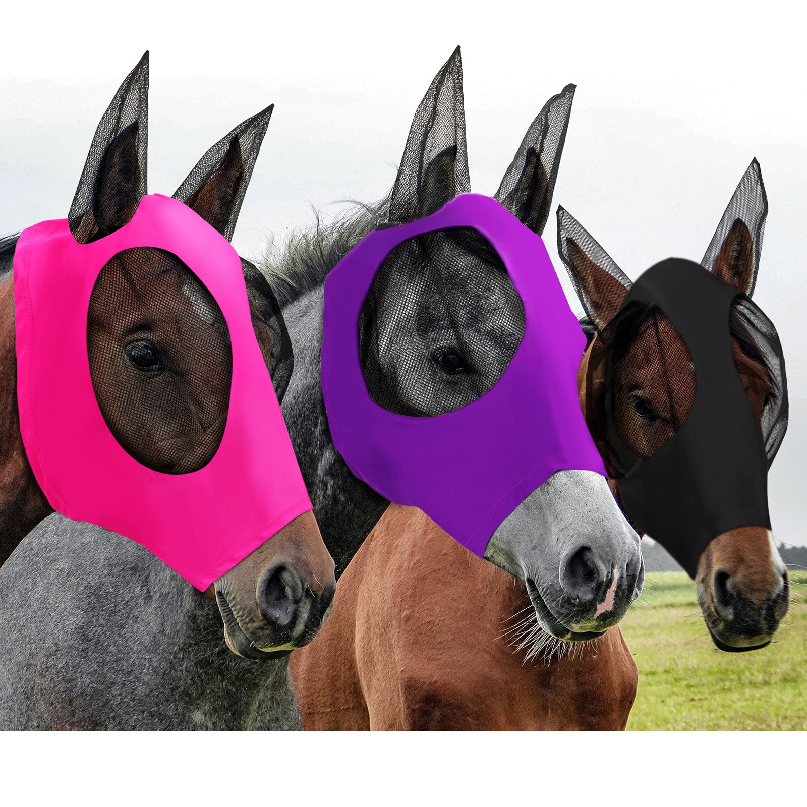 Weewooday 3 Pcs Horse Fly Masks for Horses Fly Masks with Ears Smooth and Elasticity Fly Mask with UV Protection (M,Purple,Pink,