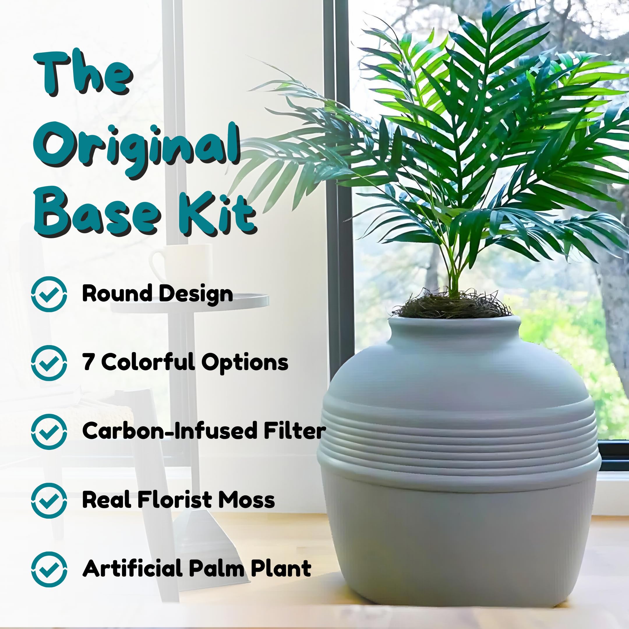 Good Pet Stuff Hidden Litter Box Base Kit, Round Enclosed Cat Planter Furniture With Fake Plant, Hooded Vented Carbon Filter System For Odor Control, Easy To Clean, Made In Usa, Stone Grey