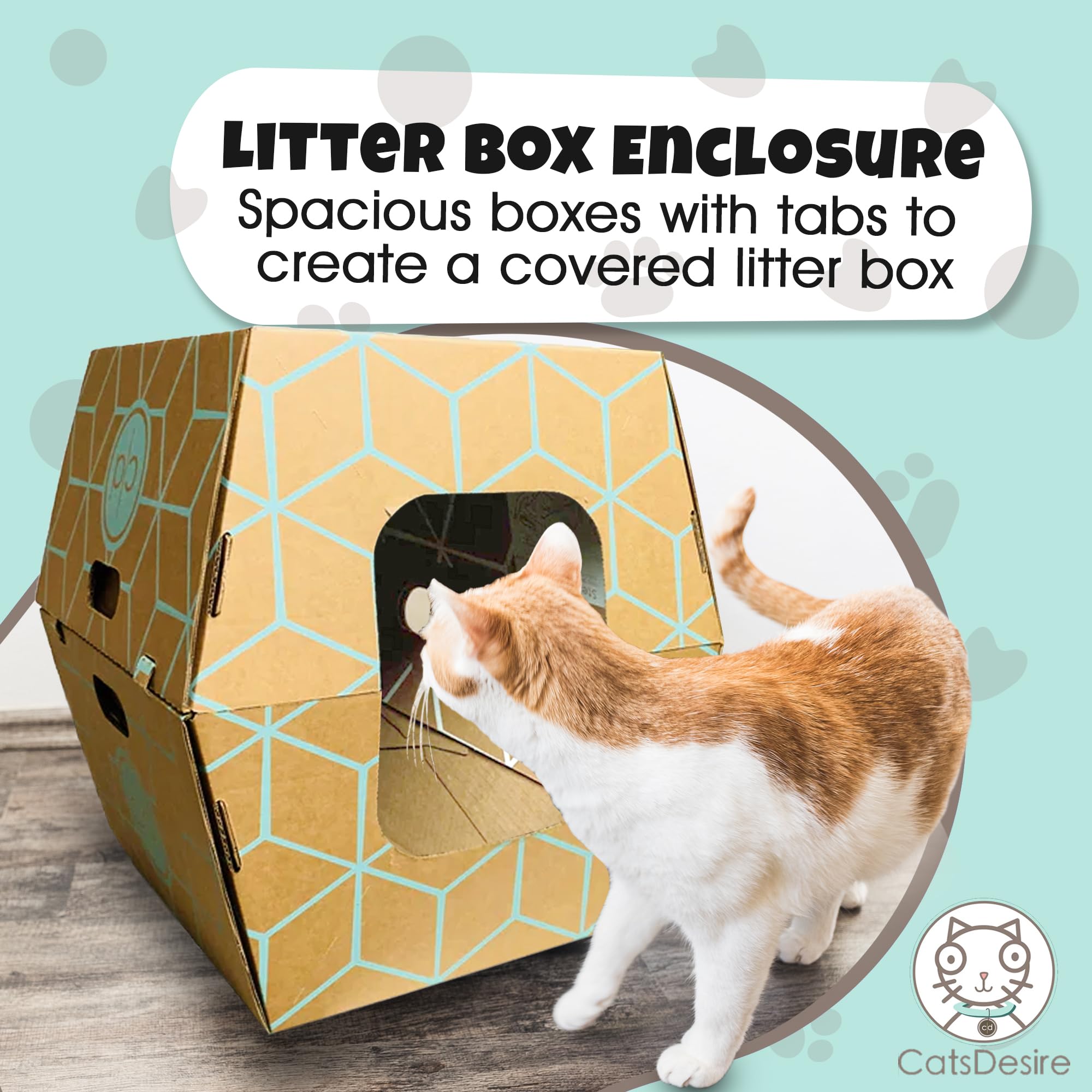 Cats Desire Disposable Litter Box No Plastic Solution (10 Tray) W/ Low Entry & Enclosed Box - Teal On Natural Brown, Made In Usa Woman Owned, 19'L X 17'W X 8.5'H Tray - 19'L X 17'W X 17'H Enclosed Box