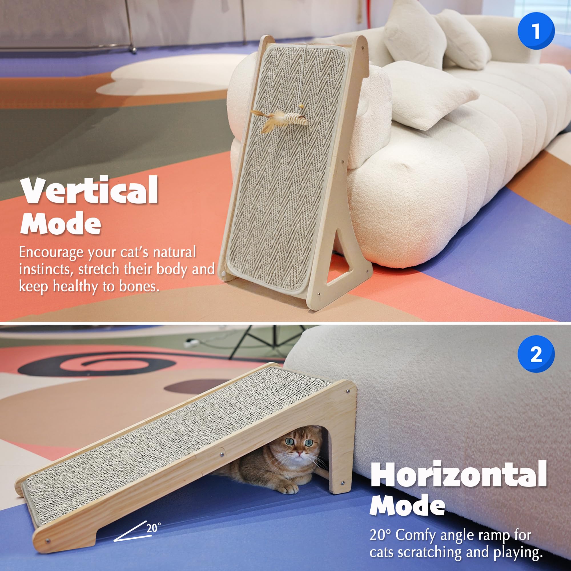 PETKARAY Cat Scratcher Ramp - L Shape Sisal Pad, 27" Wall Protector with Mouse Toy, Chevron Design