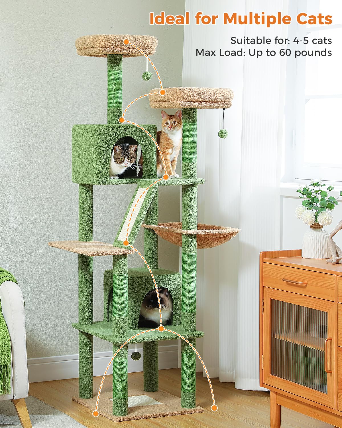 Muttros Cactus Cat Tree, 70.9'' Tall Cat Tree For Indoor Cats, Large Cat Tree For Large Cats, Multi-Level Tall Cat Tower With 6