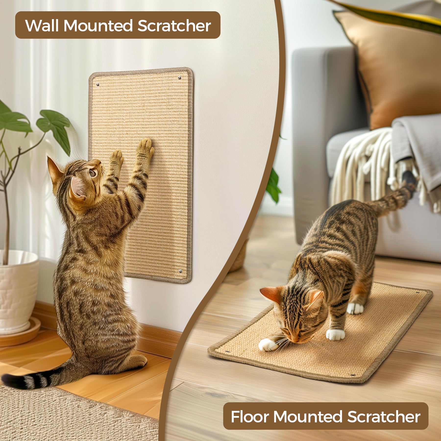 ComSaf Wall Cat Scratcher Mat - Sisal Cat Scratching Pad for Indoor Cats Kitten, Wall Floor Mount Natural Cat Scratch Mat with A