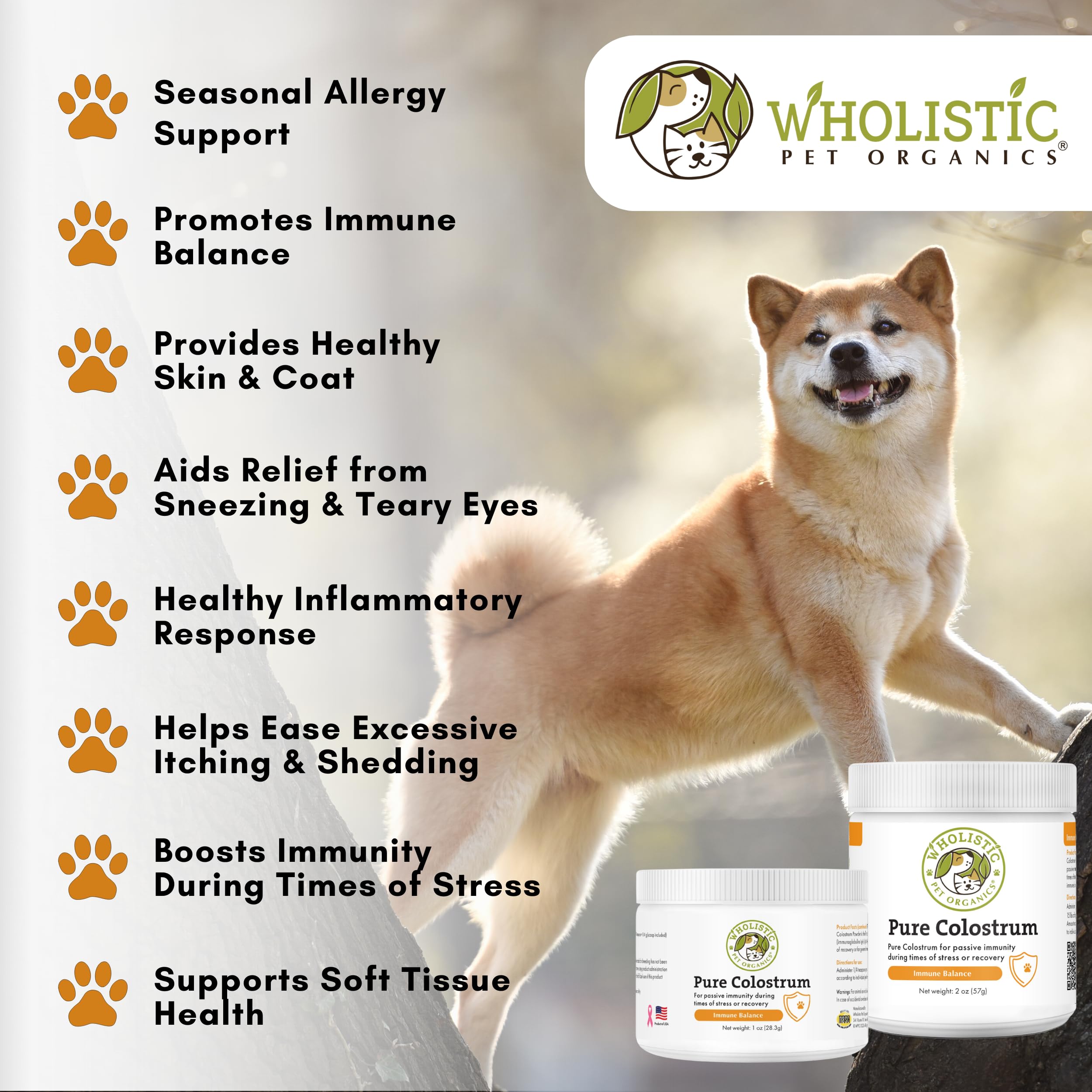 Wholistic Pet Organics Bovine Colostrum Powder for Dogs & Cats - Organic Immune Supplement, Allergy Relief, 3 oz
