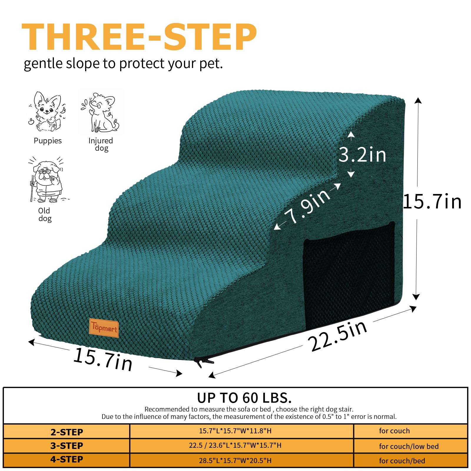 Topmart 3 Tiers Foam Dog Ramps/Steps,Non-Slip Dog Steps With Waterproof Cover,Extra Wide Deep Dog Stairs,High Density Foam Pet S