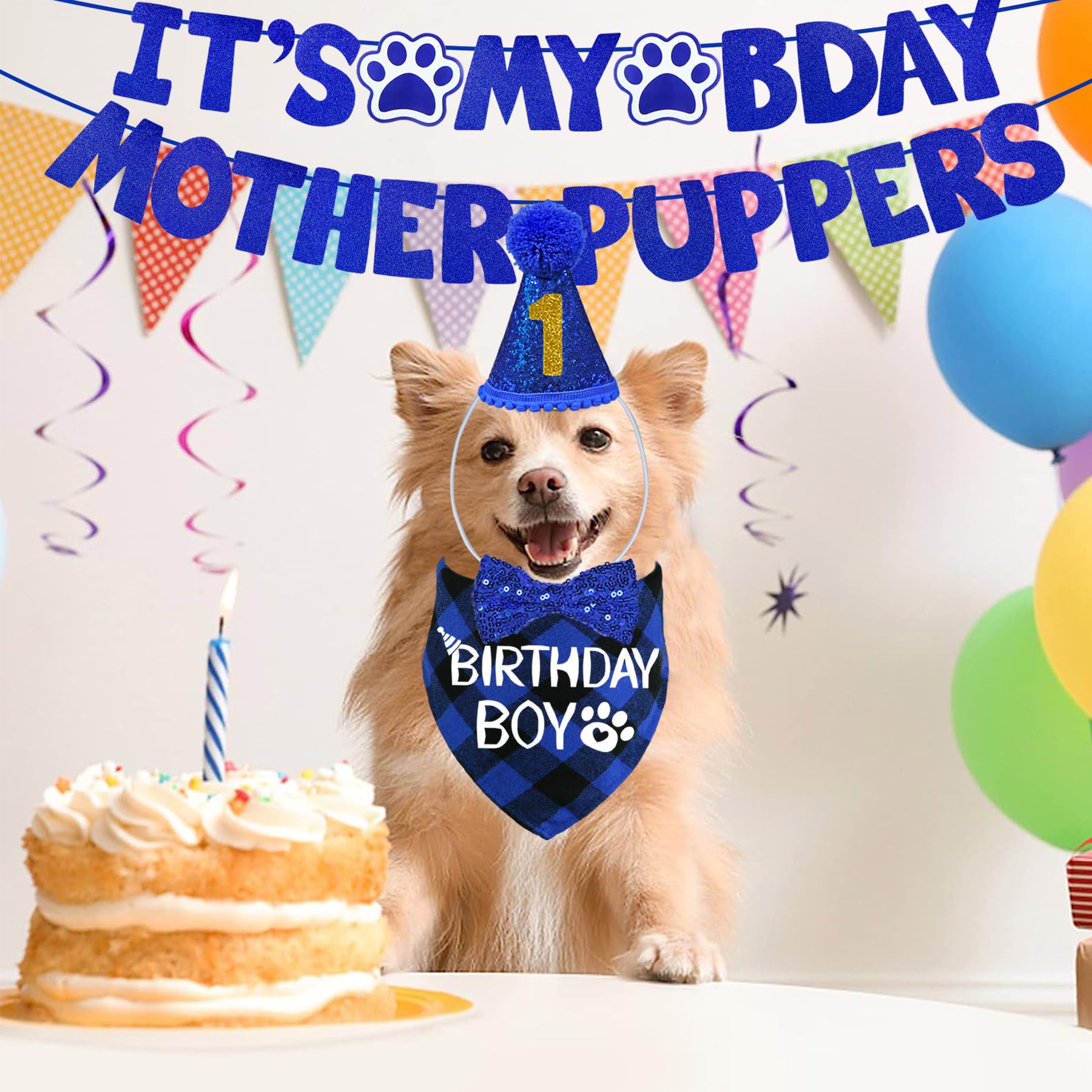 Stmk Dog Birthday Decorations, Multi Sizes Dog Birthday Hat With Numbers Bandana Bow Tie Its My Bday Mother Puppers Banner For S