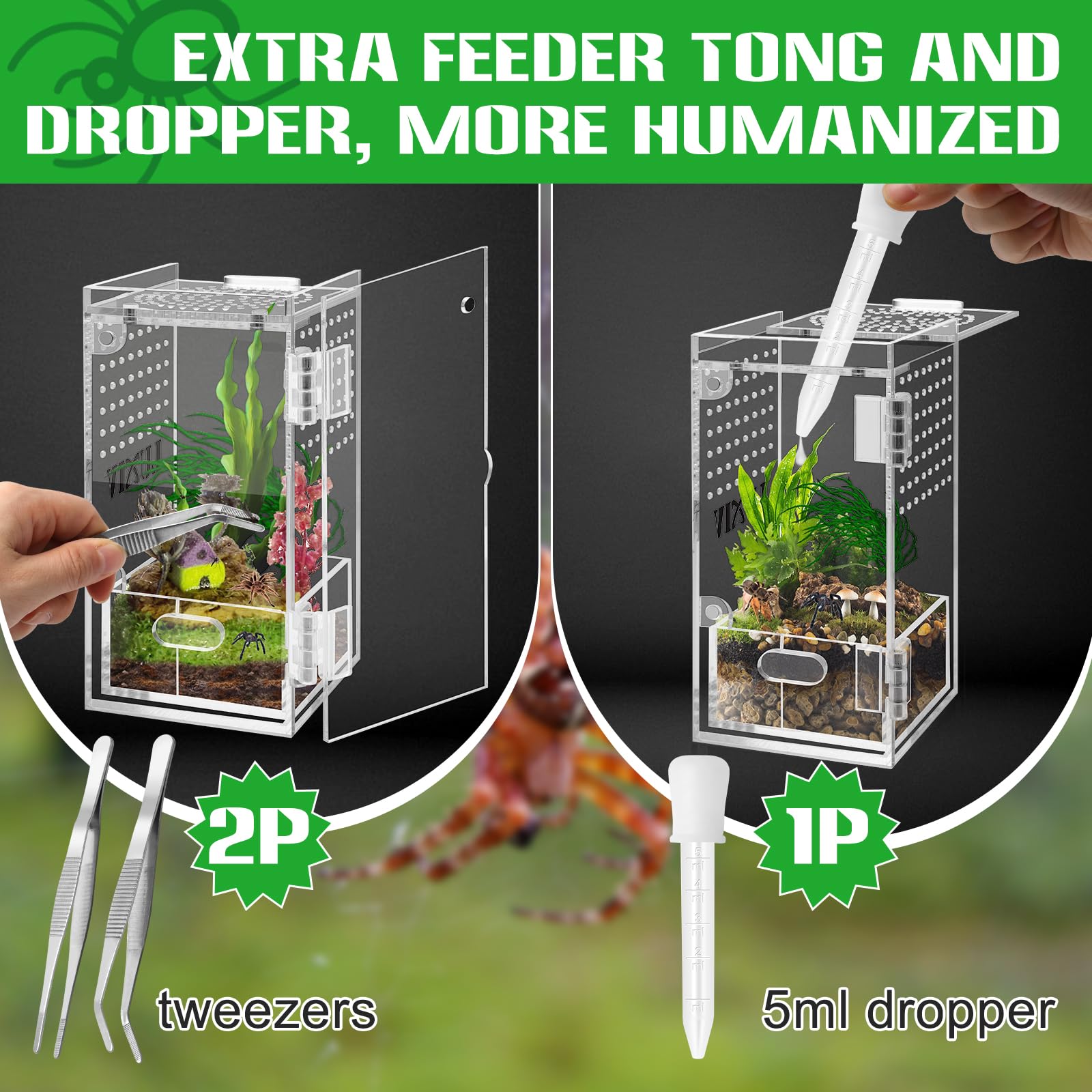 Mini Jumping Spider Enclosure With Tongs, Dropper, Luxiv Acrylic Micro Tarantula Enclosure For Insect Bug Terrarium Kit Clear Sp