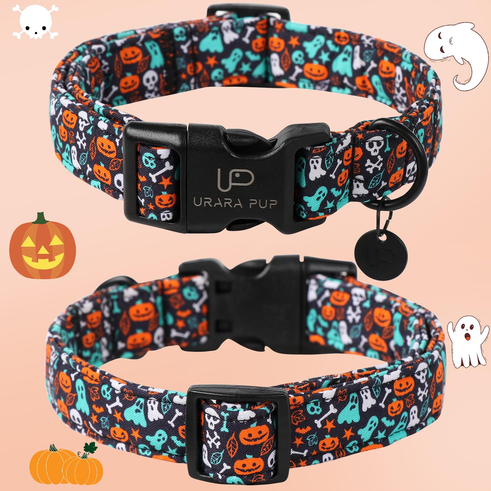 Halloween Dog Collar, Up Urara Pup Cotton Skull Ghost Dog Collar For Dog, Fall Pet Collar With Halloween Elements Pattern, Adjus