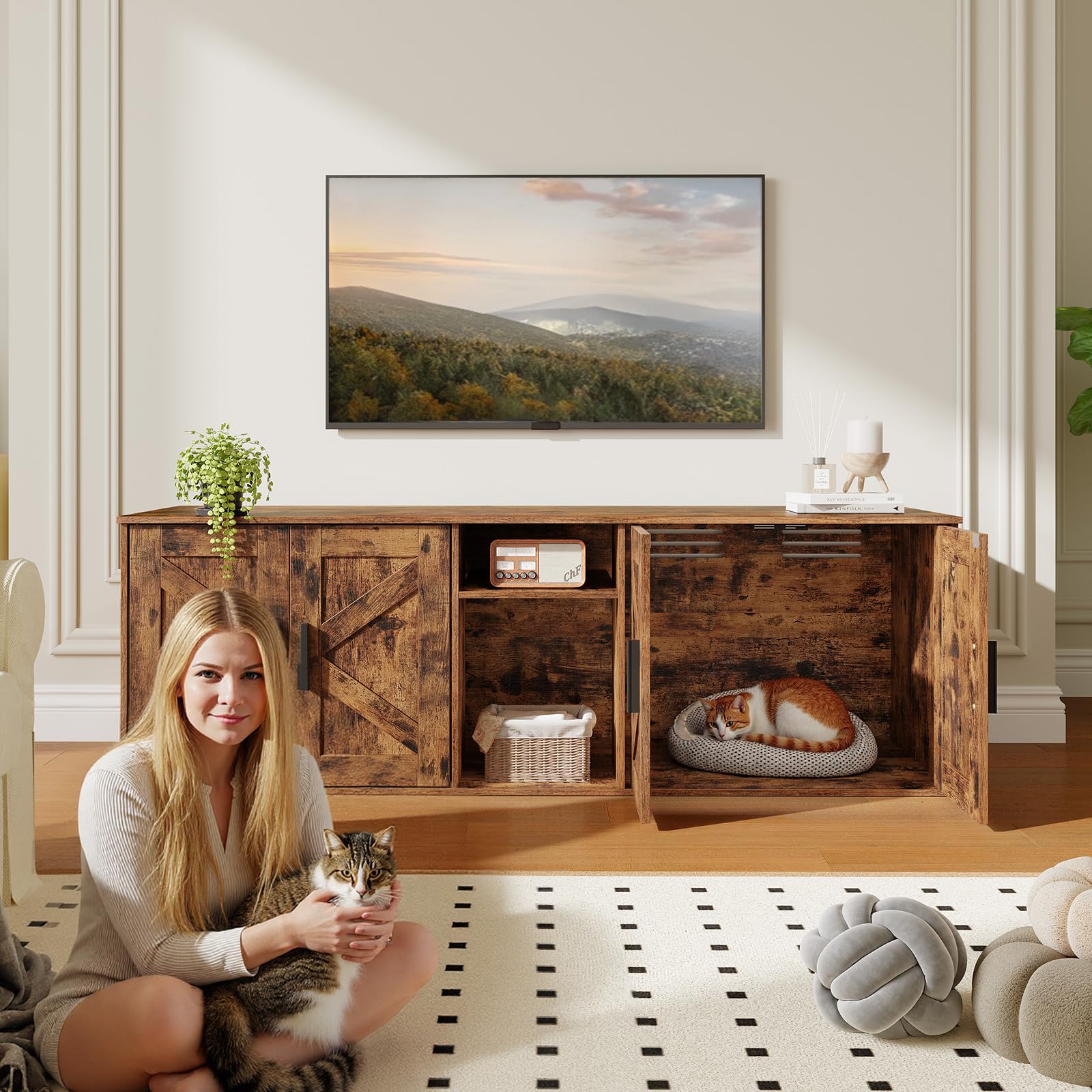 Hoobro 58.3' Cat Litter Box Enclosure, Litter Box Furniture For 2 Cats, Cat House With Corridor, Tv Stand With Storage, Litter