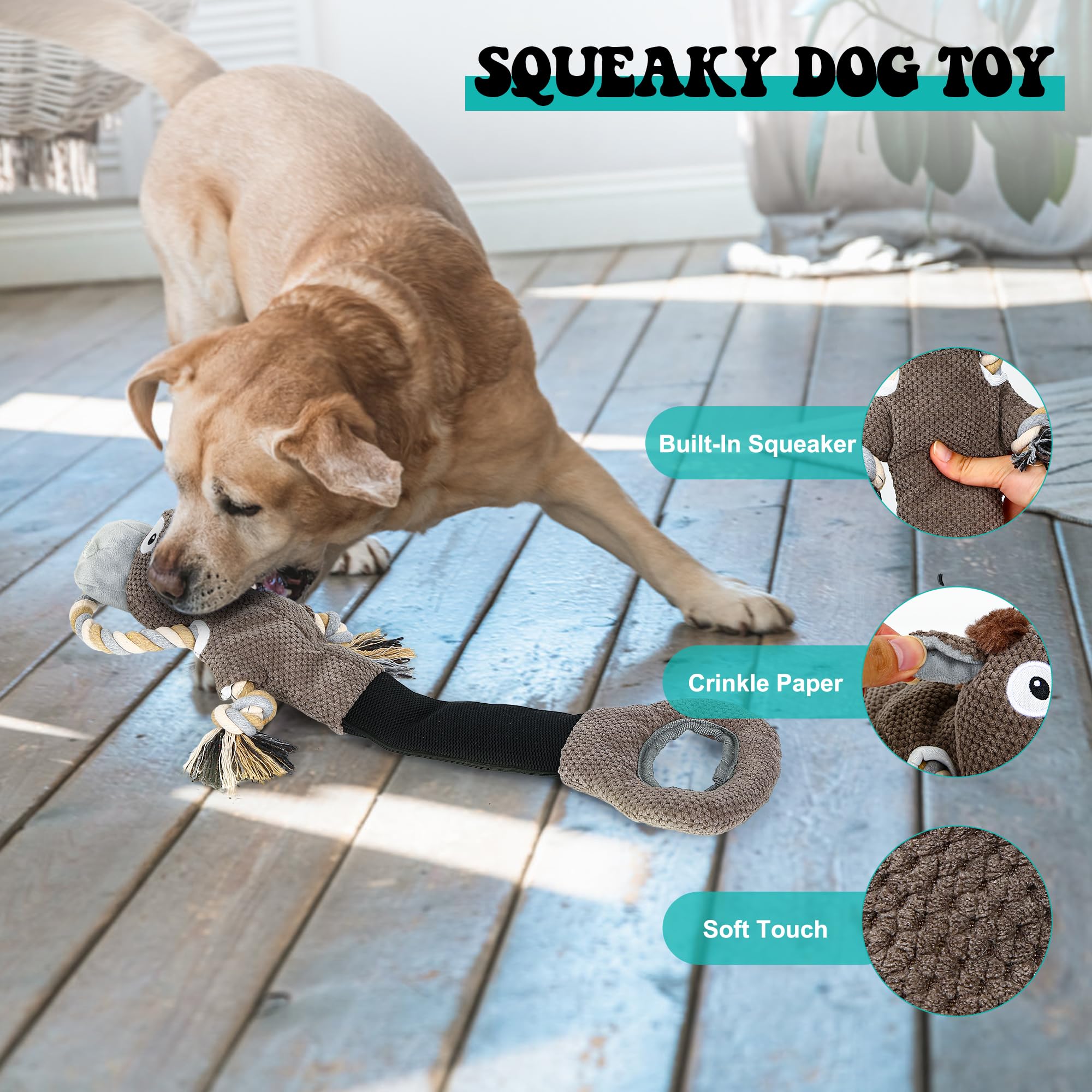 Iokheira Dog Squeaky Toy For Large Dog, Interactive Tug Of War Plush Toys With Cotton Material & Crinkle Paper Tough Durable Toy