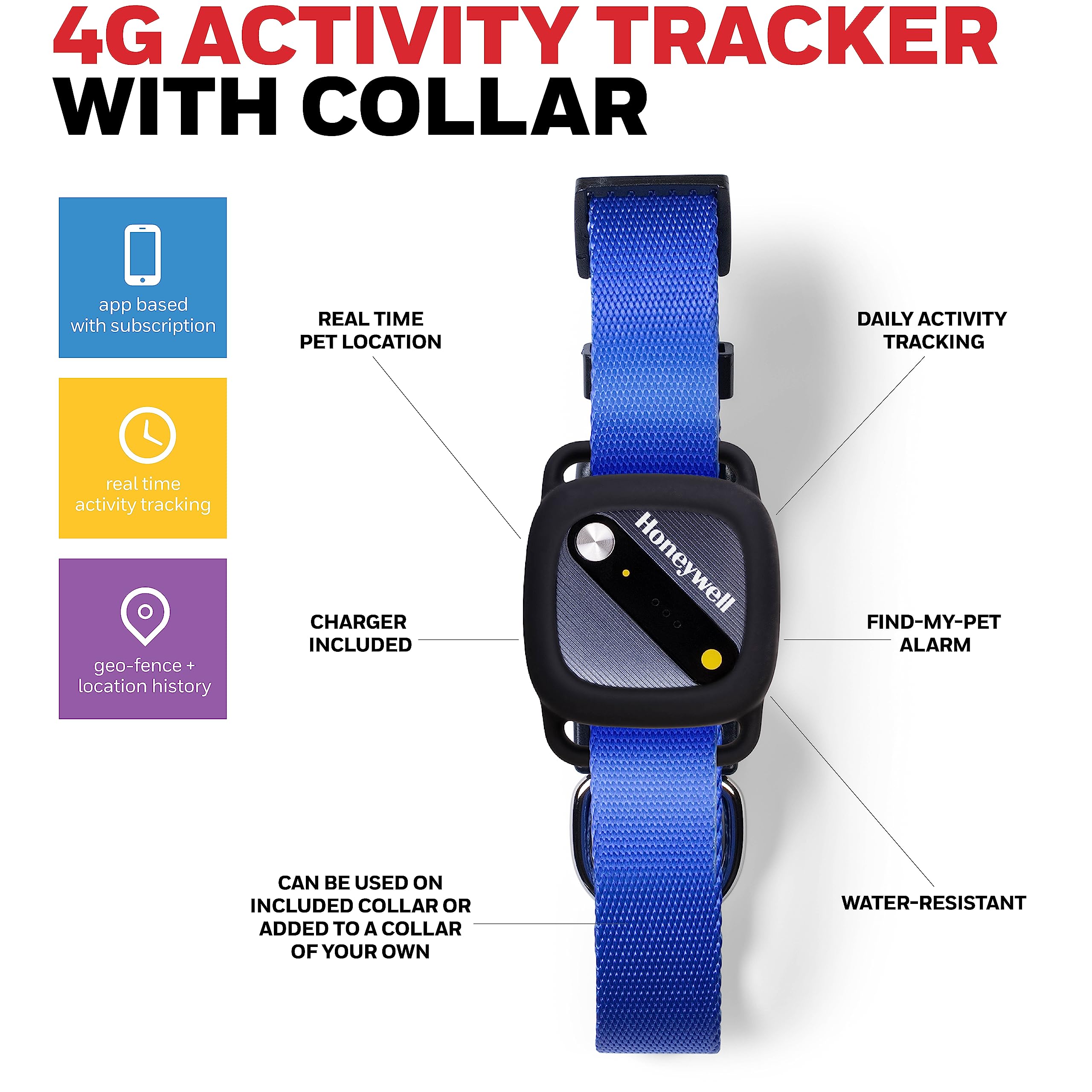 Honeywell Pet Activity Tracker with GPS for Dogs, Blue- Use Your Collar or Included One-Size-Fits-All Collar- Geo-Fencing, Find-