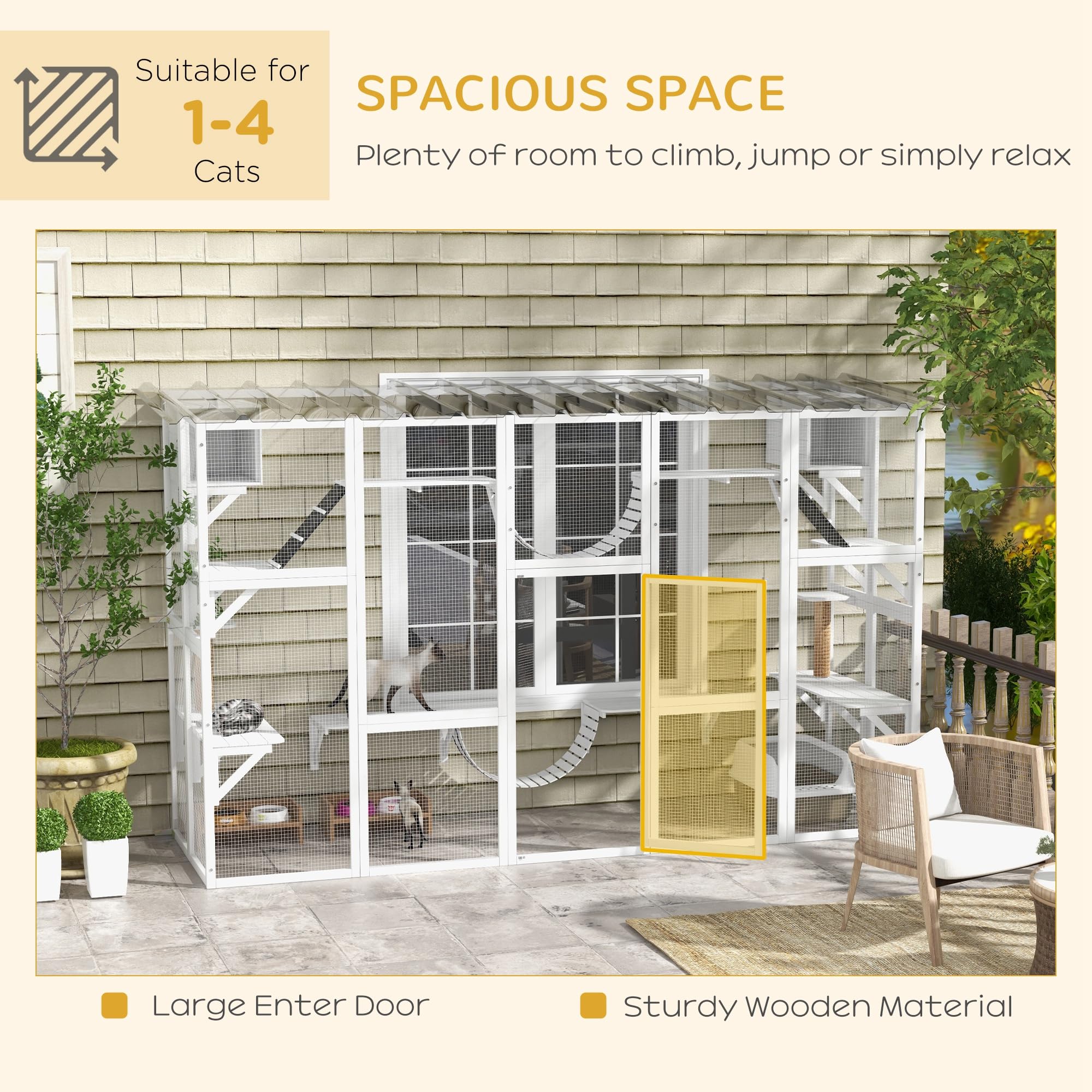 Pawhut Catio Playground Cat Window Box Outside Enclosure, Outdoor Cat House With Weather Protection Roof For Multiple Kitties, Wooden Frame, Shelves & Bridges, 118' X 37.5' X 74', White