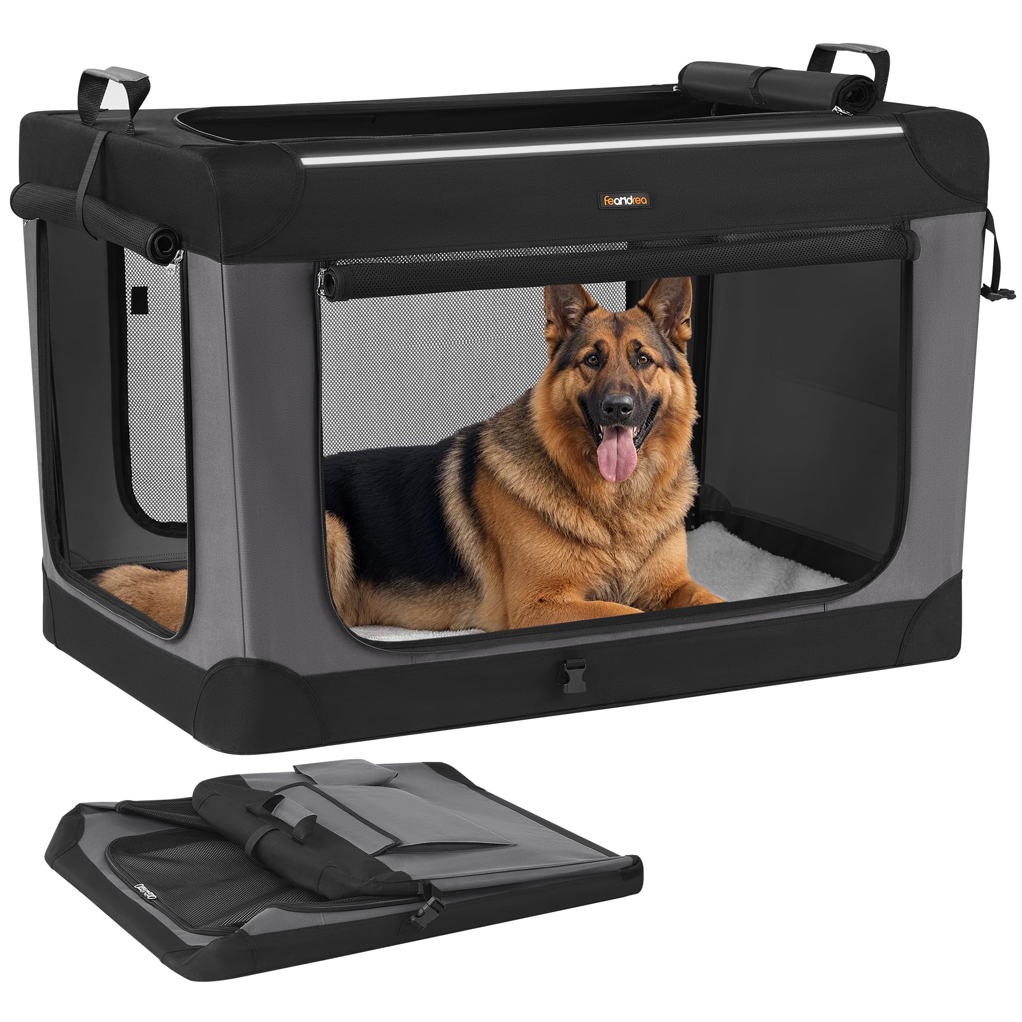 Feandrea Collapsible Dog Crate, 42-Inch Portable Dog Travel Crate for Extra Large Dogs, Oxford Fabric Pet Carrier with 4 Mesh Do