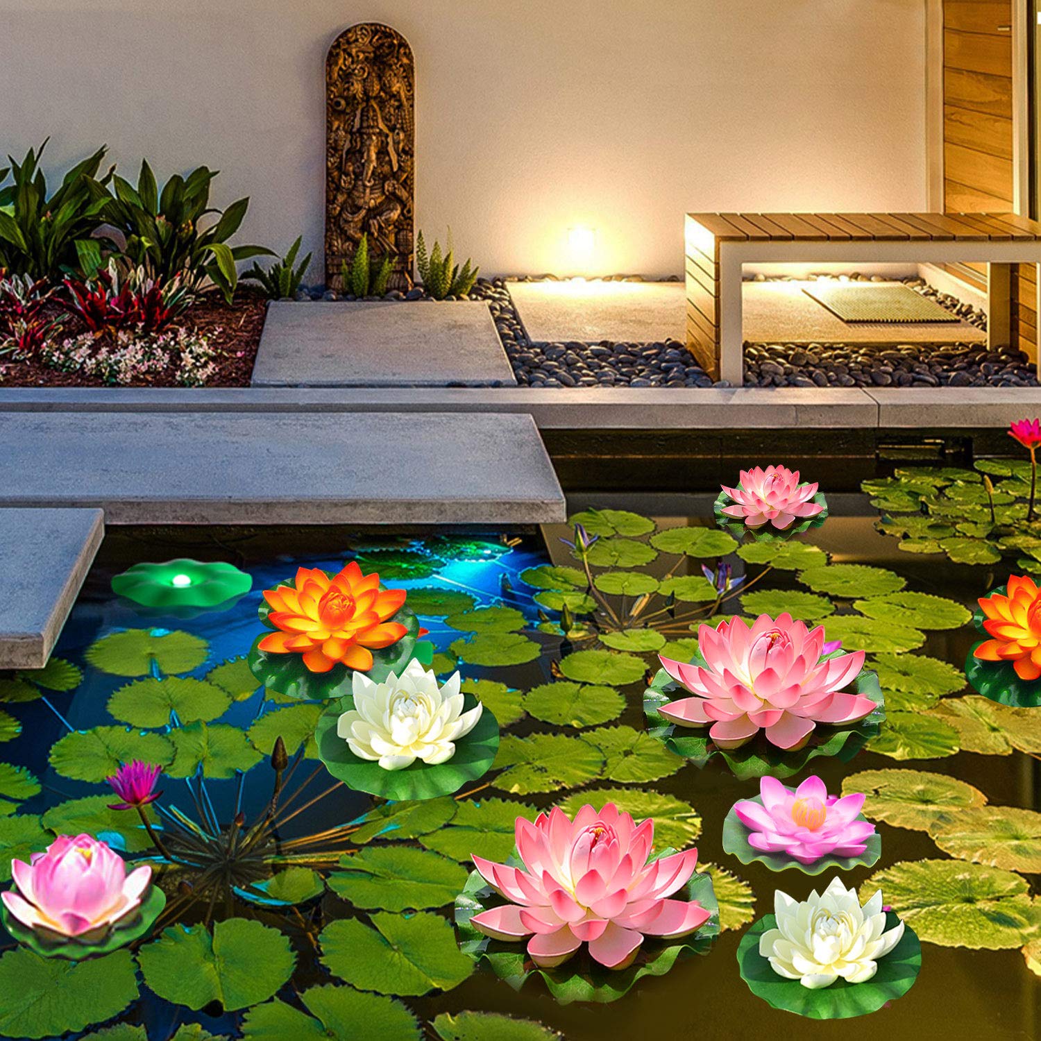 Zaugontw Artificial Floating Foam Lotus Flower With Water Lily Pad, Realistic Ornanment Perfect For Home Outdoor Patio Pond Aquarium Wedding Party Decorations, 10Pcs