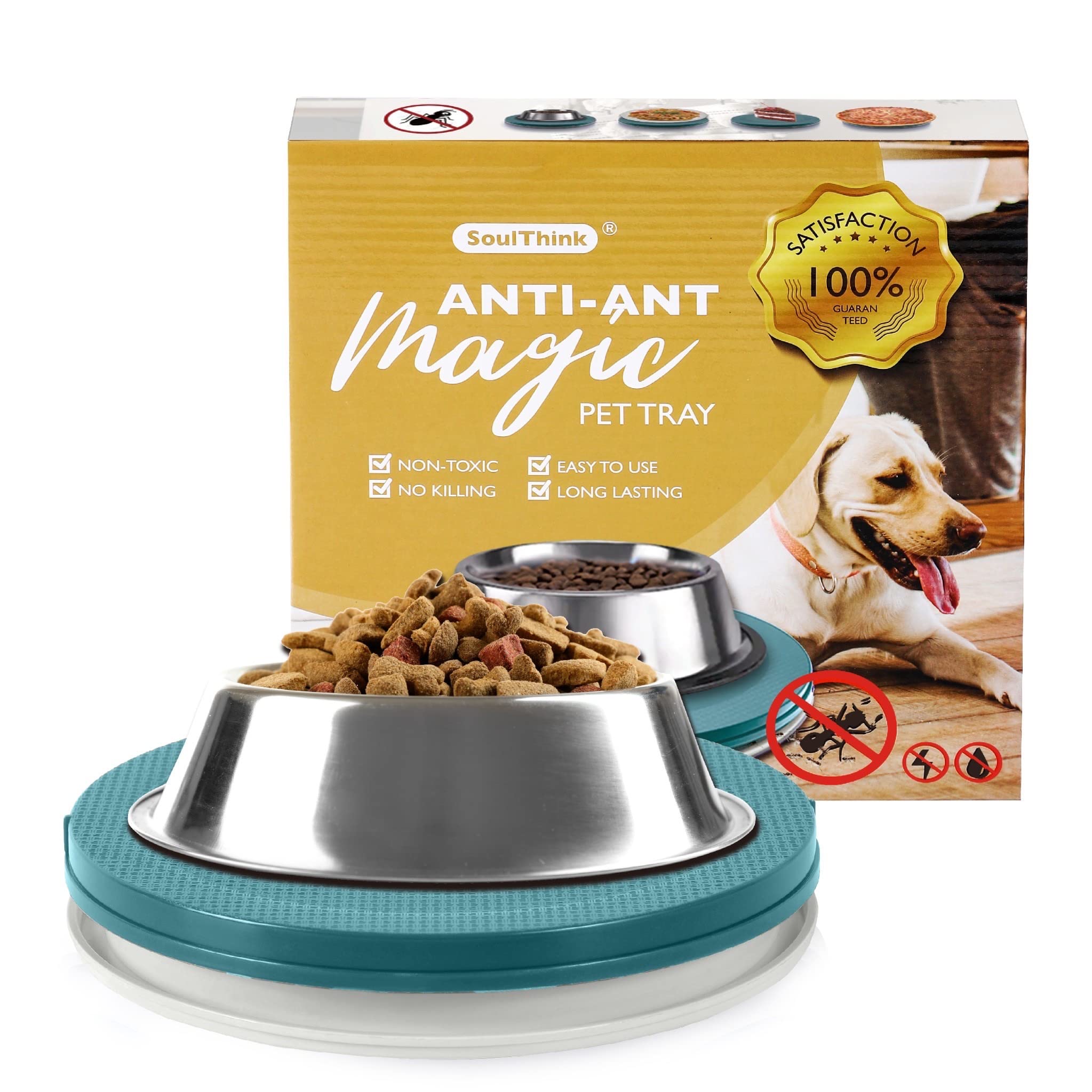 SoulThink® Ant Proof Cat Dog Bowl Tray - New Innovation Anti Ant Pet Food Dish Indoor No Chemical No Water Needed Different from Traditional Ant Trap (Turquoise Green) -Like New
