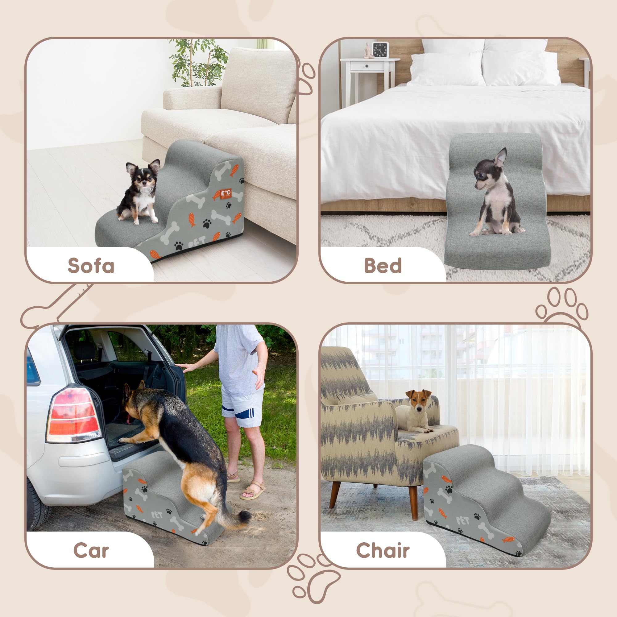 Dog Stairs Ramp For Small Dogs, 3-Step Dog Steps For Couch Sofa And Chair, Pet Stairs For Cats, Non-Slip Balanced Pet Steps Indo