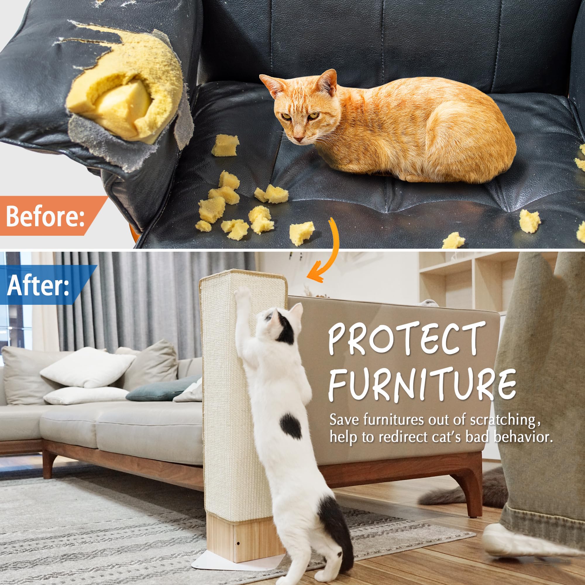 PETKARAY Couch Corner Cat Scratcher - 28" Sisal Scratching Post, Large, Reversible Base, Corner Design