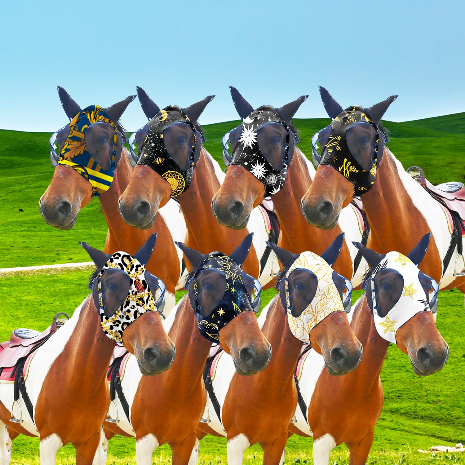 Super Comfort Fly Marsks for Horses of 8pcs Set-Horse FlyMask with Ears- Elasticity Fly Mask with UV Protection(Size:L