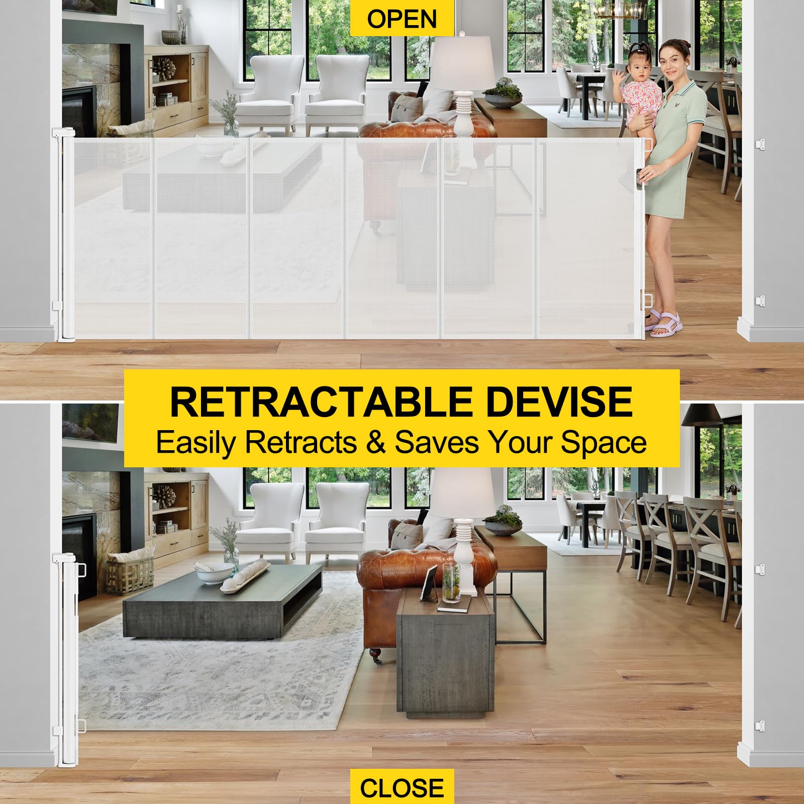 Enhanced 42    Extra Tall & 80    Wide Retractable Baby Gates with Rods to Prevent Crawling Through, Extra Tall Dog Gate for Lar