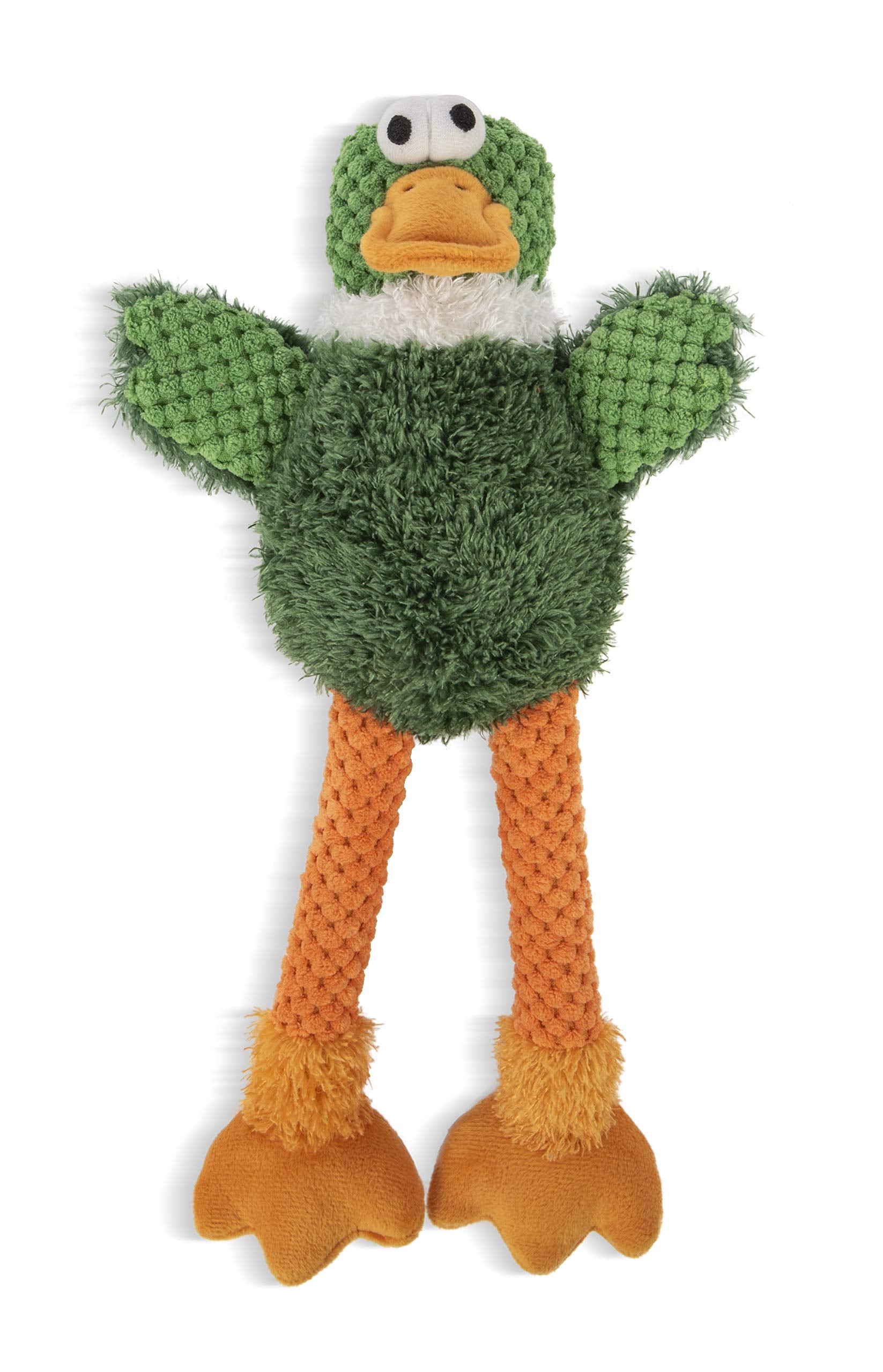 Godog Checkers Skinny Duck Squeaky Plush Dog Toy, Chew Guard Technology - Green, Small
