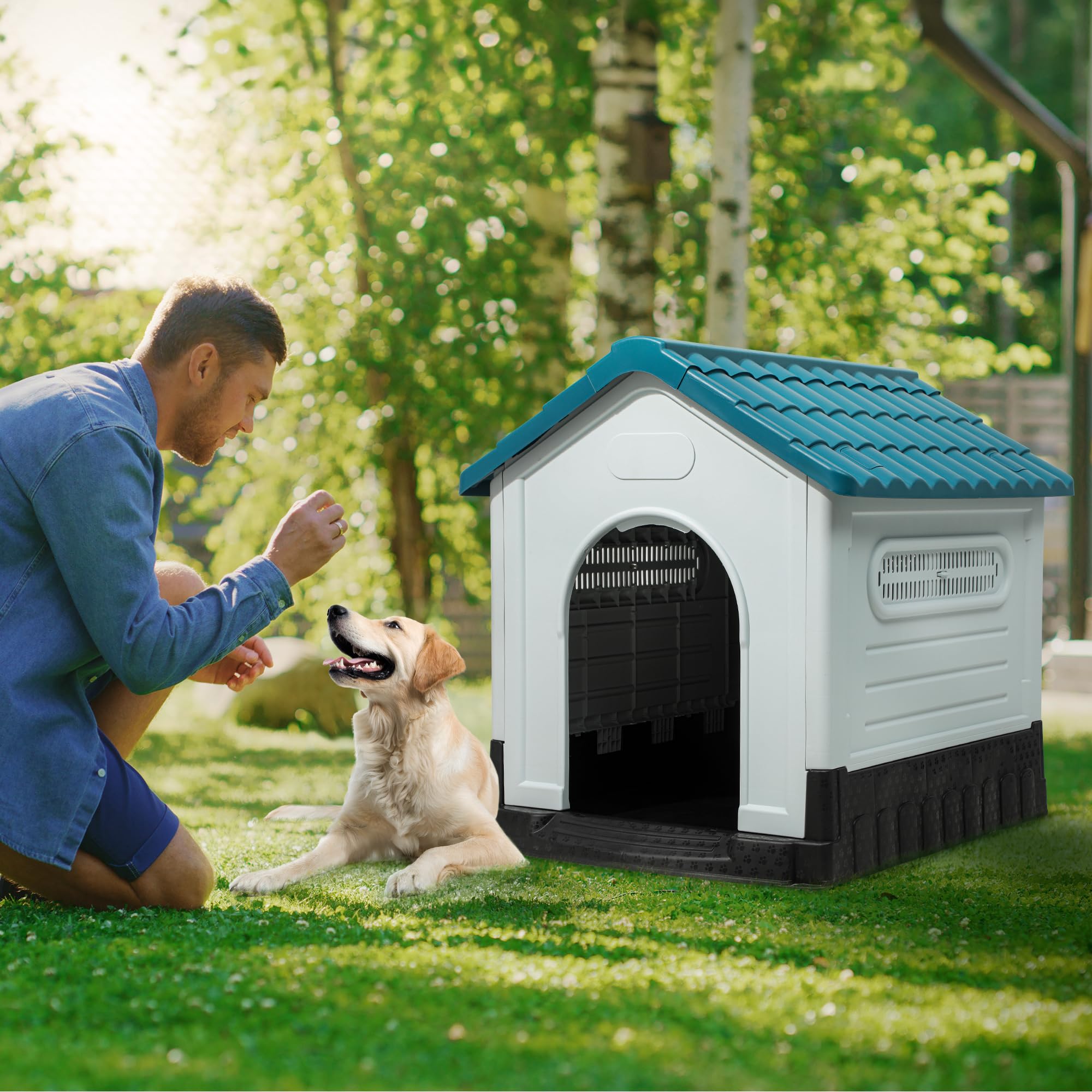 Yitahome 41.3'' Folding Large Dog House Outdoor Plastic Doghouse With Adjustable Skylight And Elevated Base Water Resistant Pet