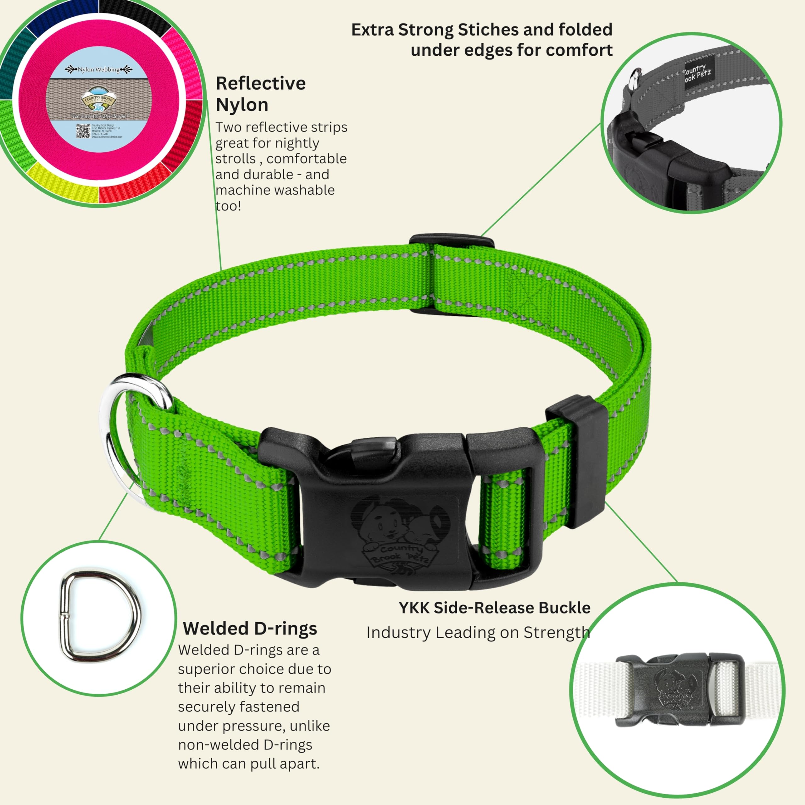 Country Brook Petz - Deluxe Hot Lime Green Reflective Nylon Dog Collar - Small