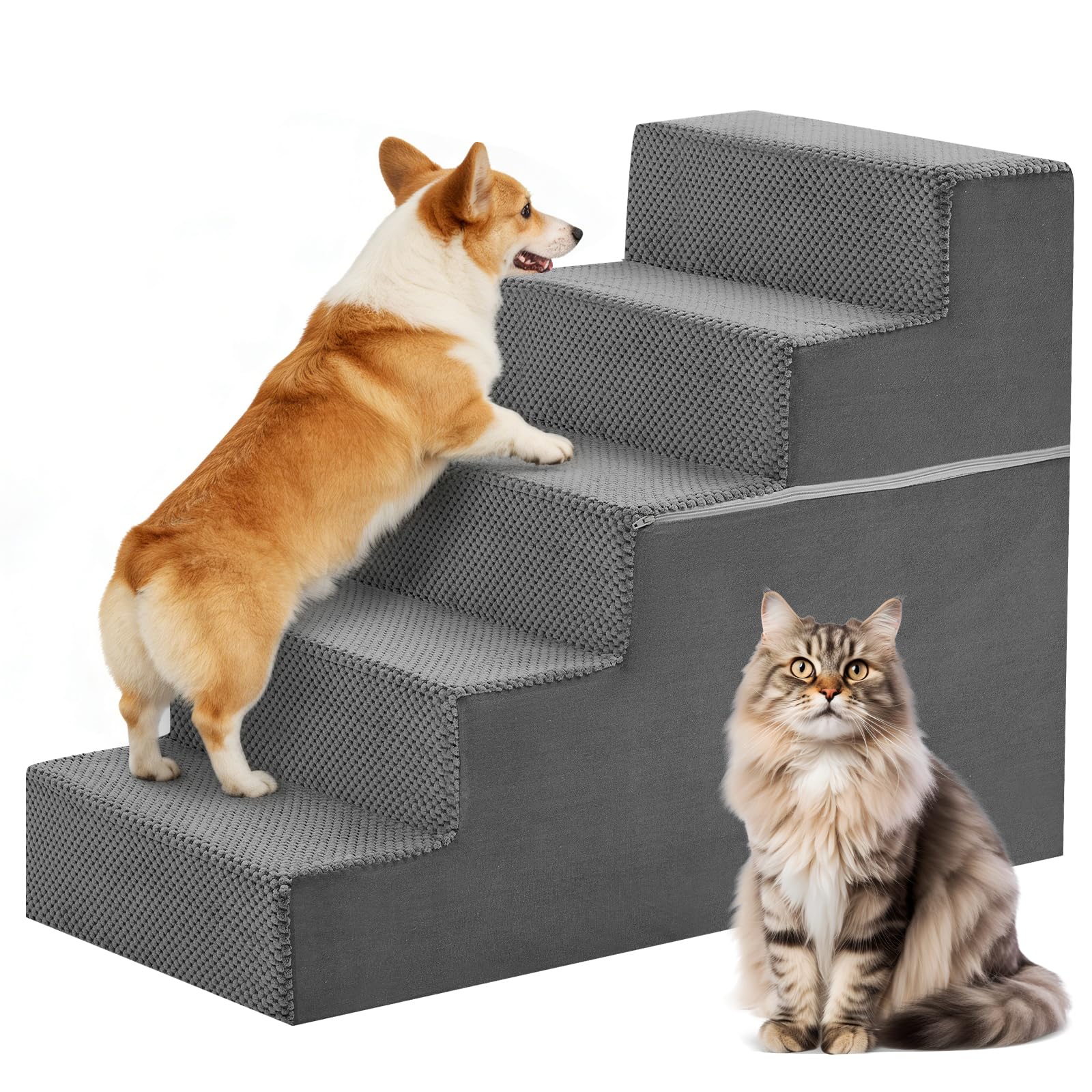 DUMOS Dog Stairs for Small and Medium Dogs, 5-Step Pet Steps with High-Density Foam, Indoor Non-Slip Pet Ramp for Puppy and Olde