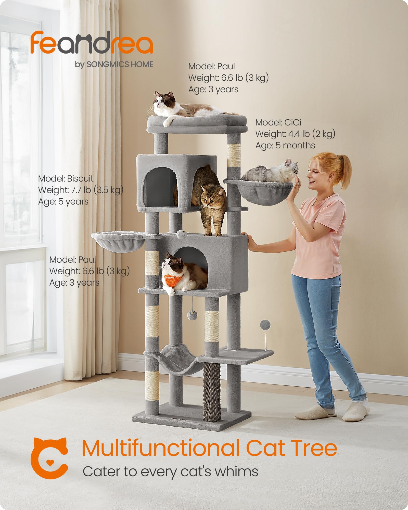 Feandrea Cat Tree, 69-Inch Tall Cat Tower for Indoor Cats, Multi-Level Cat Condo with 2 Caves, 2 Baskets, 5 Scratching Posts, Se
